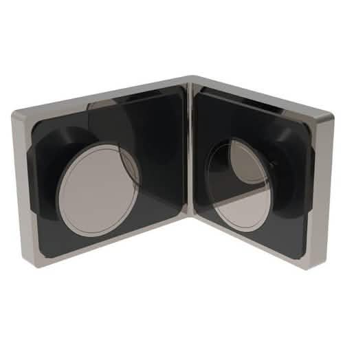 Brushed Nickel Lugano Glass-to-Glass Bracket for seamless shower door installation.