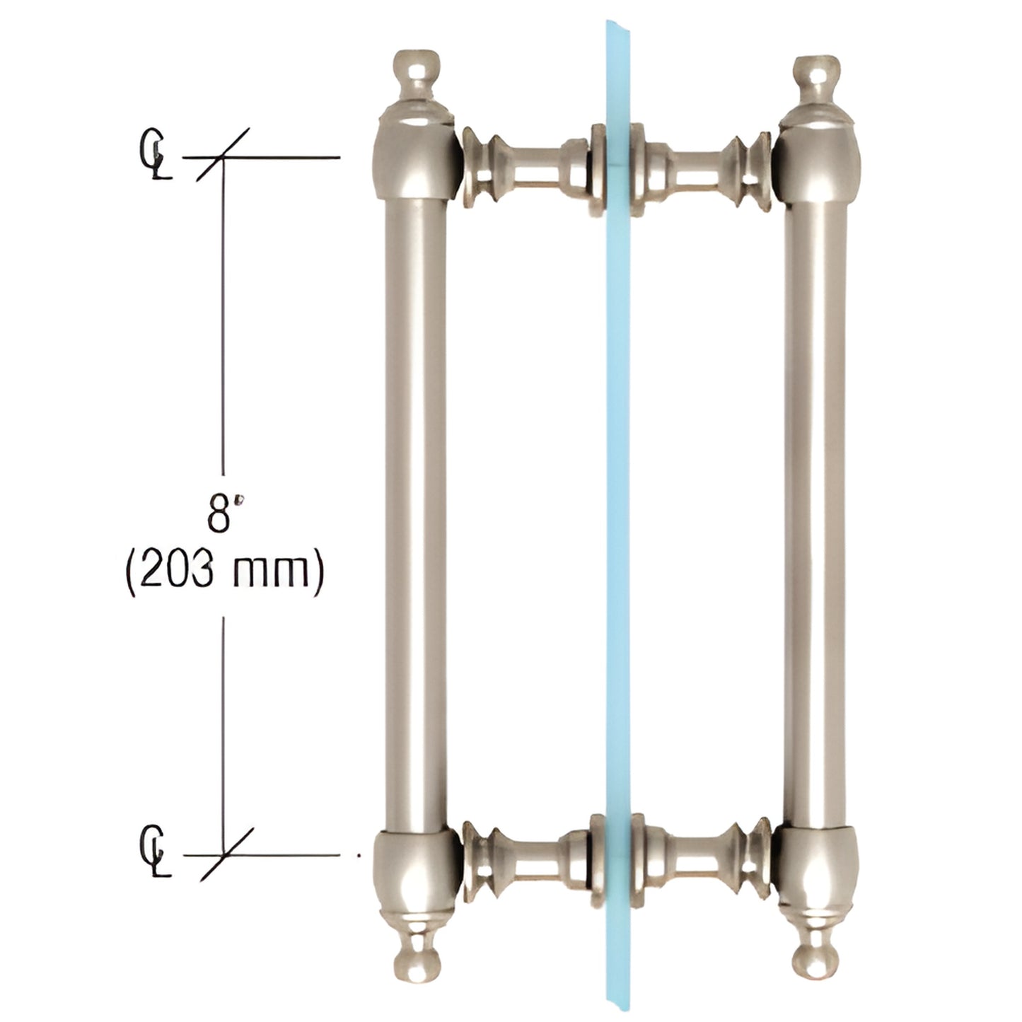 Polished nickel Colonial back-to-back glass pull handle (SKU C0L8X8PN), 8" c-c, brass tubular, fits 6-12 mm glass