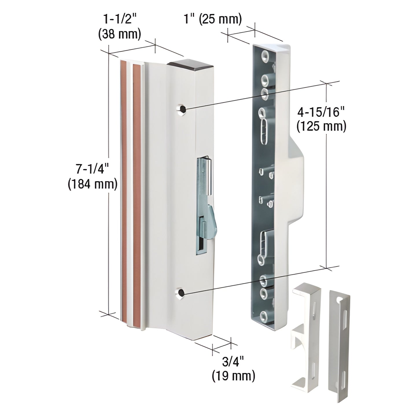 Aluminum surface-mounted hook handle set for sliding/storm doors, reversible, includes keeper and latch - SKU C1198.