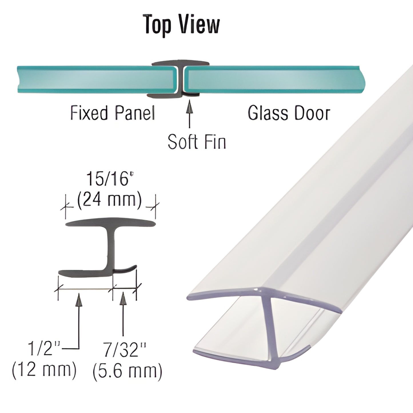 CRL clear polycarbonate H jamb seal P338HWS for 3/8" (10mm) glass - snap-on 180 soft-fin shower door seal.
