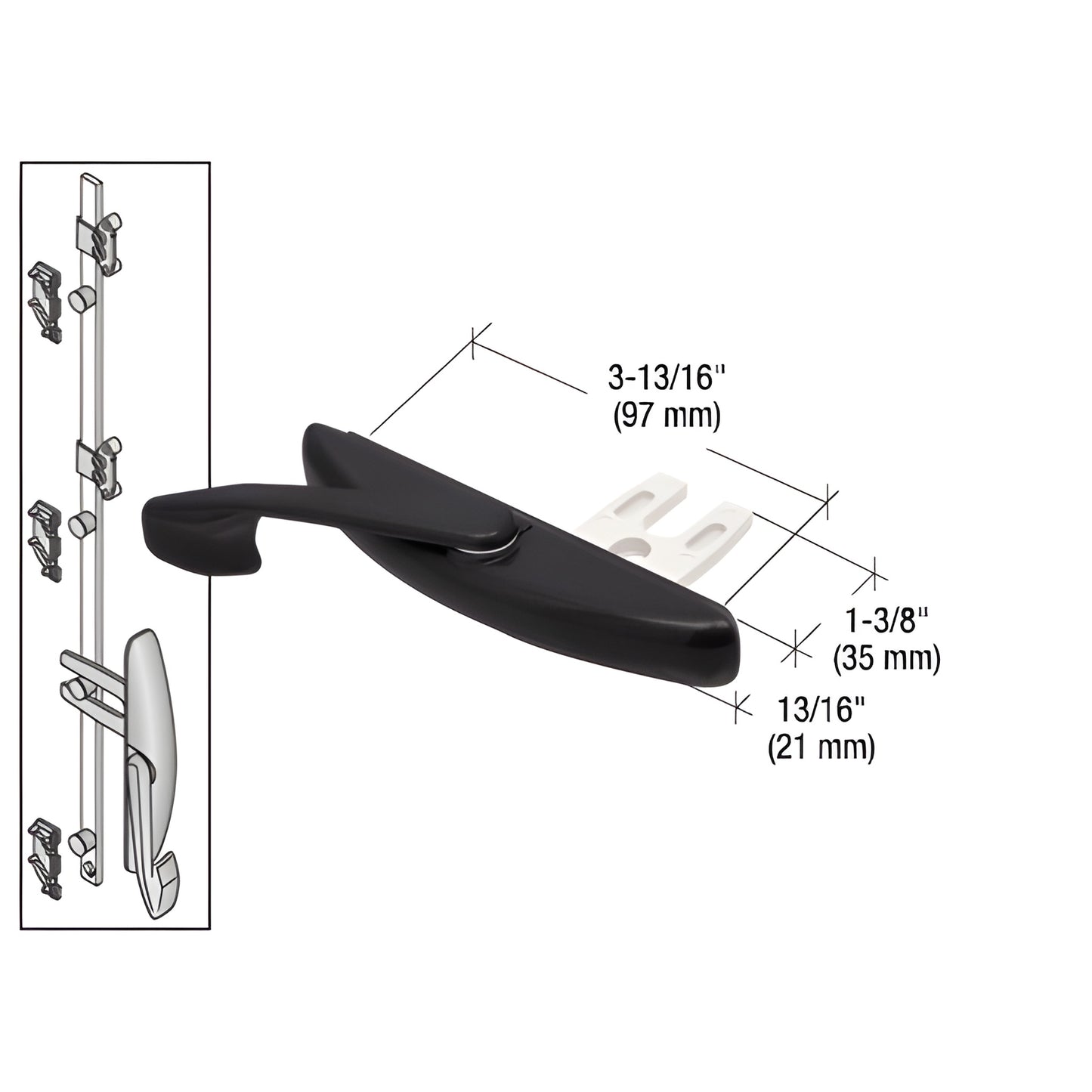 Black anodized CRL Truth 1-3/8" multi-point latch actuator with white mounting fork, SKU WH12433.