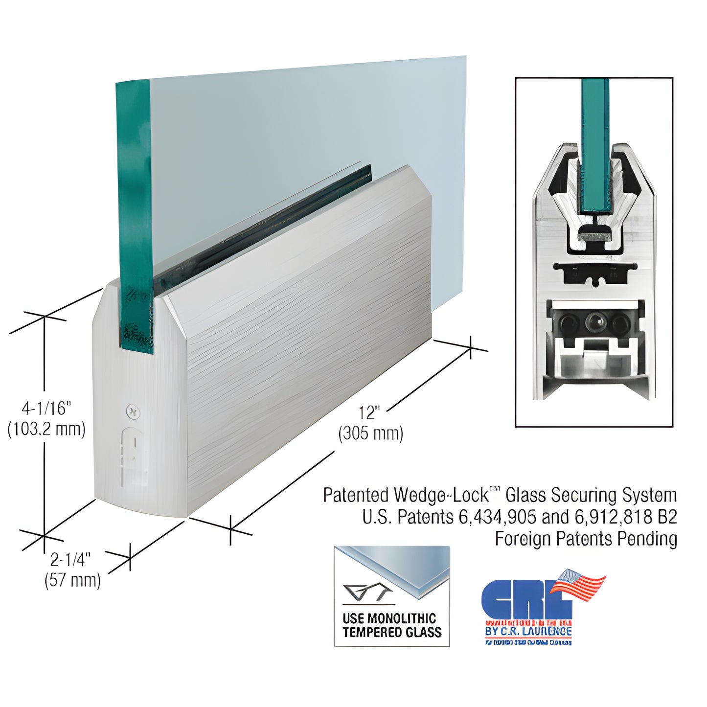 12" length brushed stainless tapered door rail for 3/4" glass, Wedge-Lock system - SKU DR4TBS34P