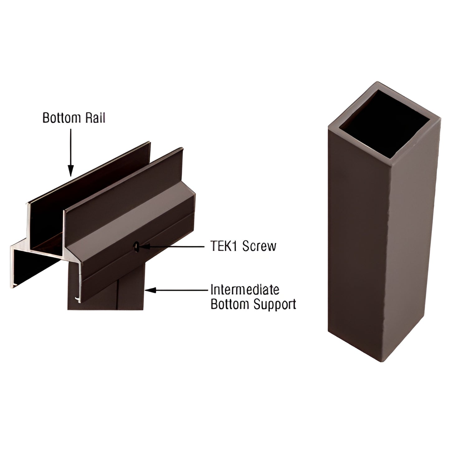 Matte bronze 12 in. aluminum intermediate bottom support for railing (SKU 1BSBRZ) rectangular hollow