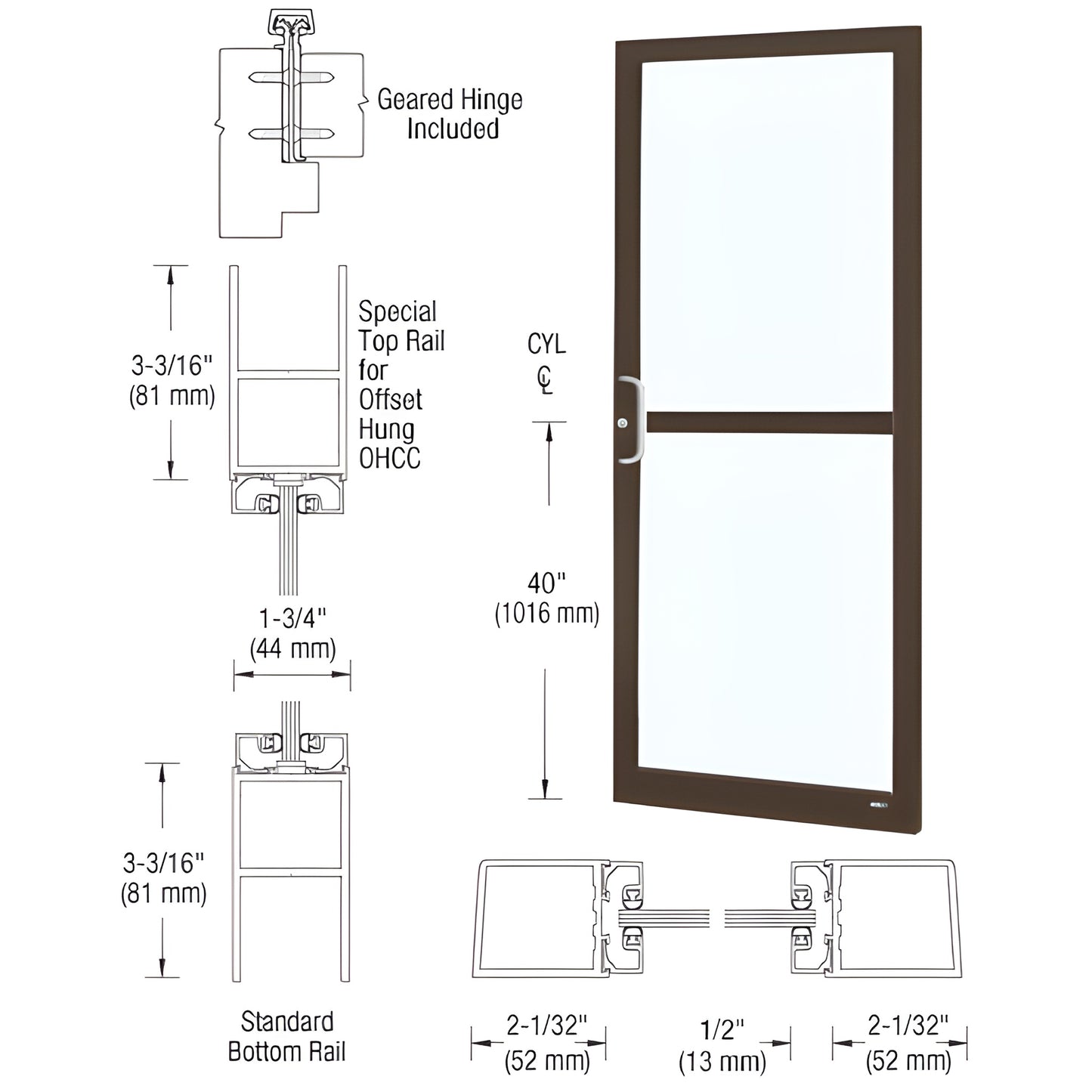 DZ21922 Black bronze anodized narrow stile commercial entrance door with 2" stiles, glass panel and ADA-ready bottom rail.