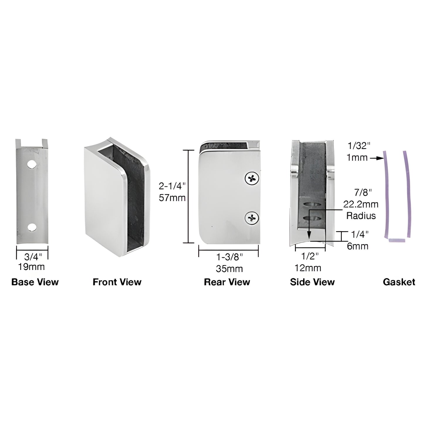 SA93PS polished stainless steel radius glass clip for 11 2-2 round posts, fits 1/4 or 3/8 glass, includes clear gasket.