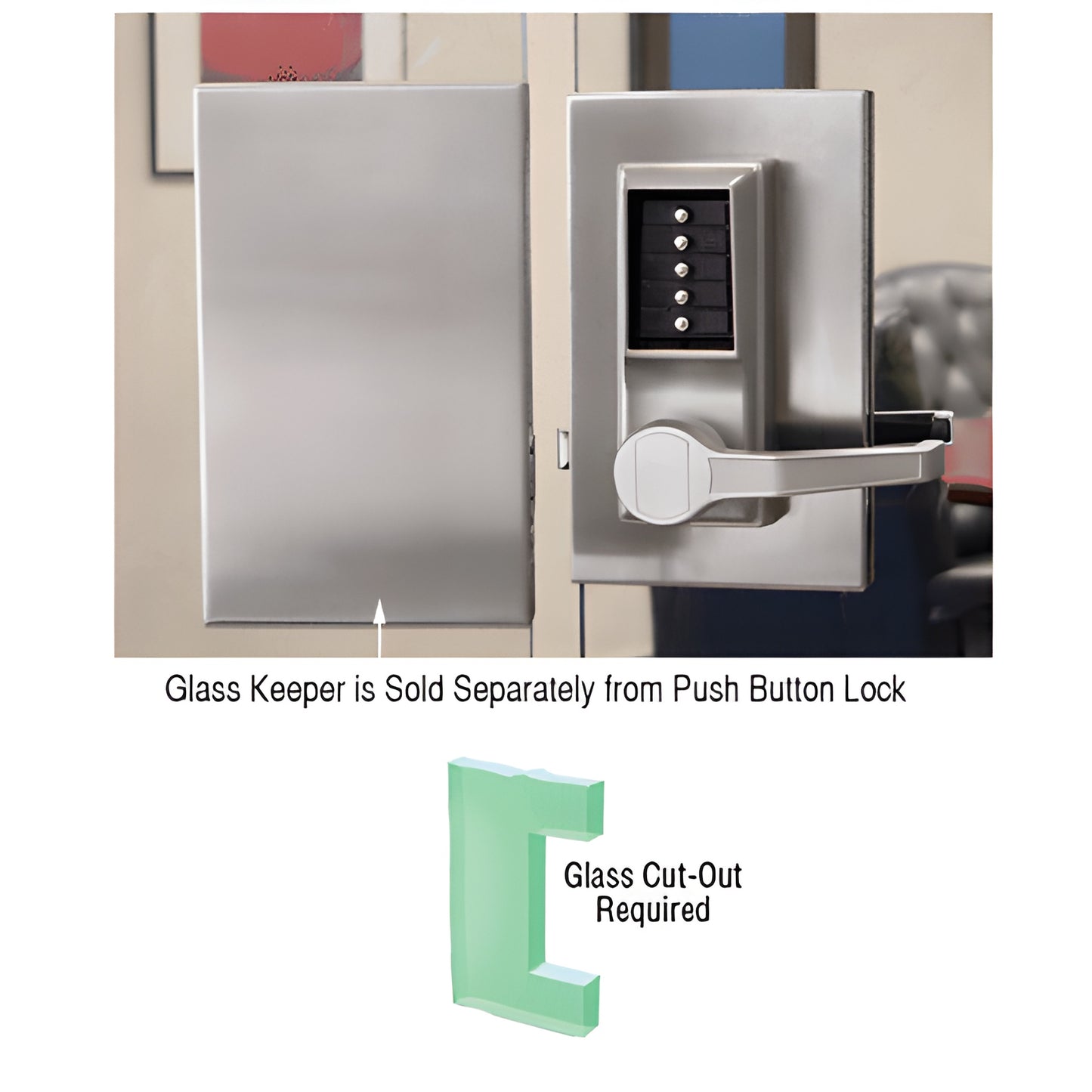 Brushed stainless steel 6x10 push-button glass door lock with lever handle, five-button keypad (DLK610RCBS)
