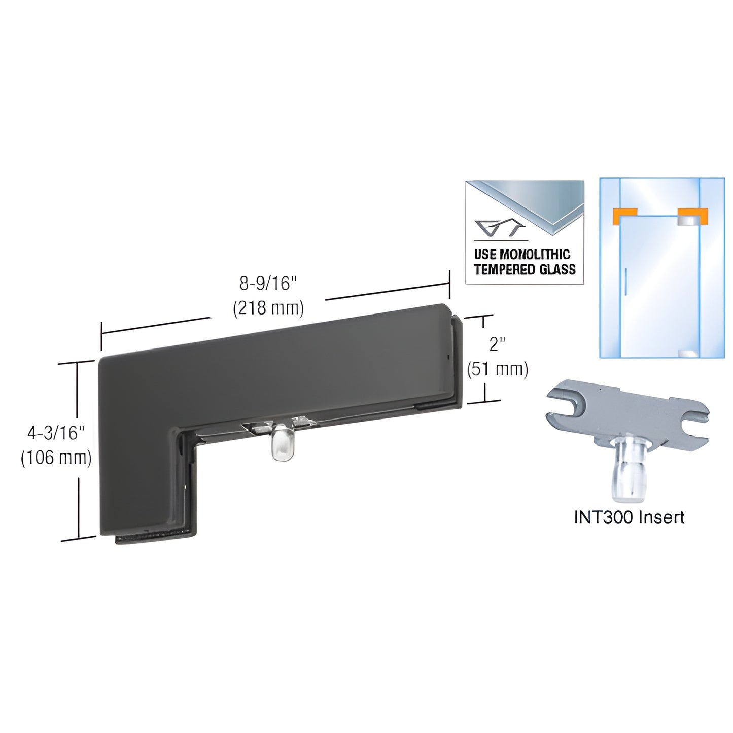 Matte black PH40MBL sidelite-mounted transom patch with INT300 insert for 3/8-1/2" monolithic tempered glass