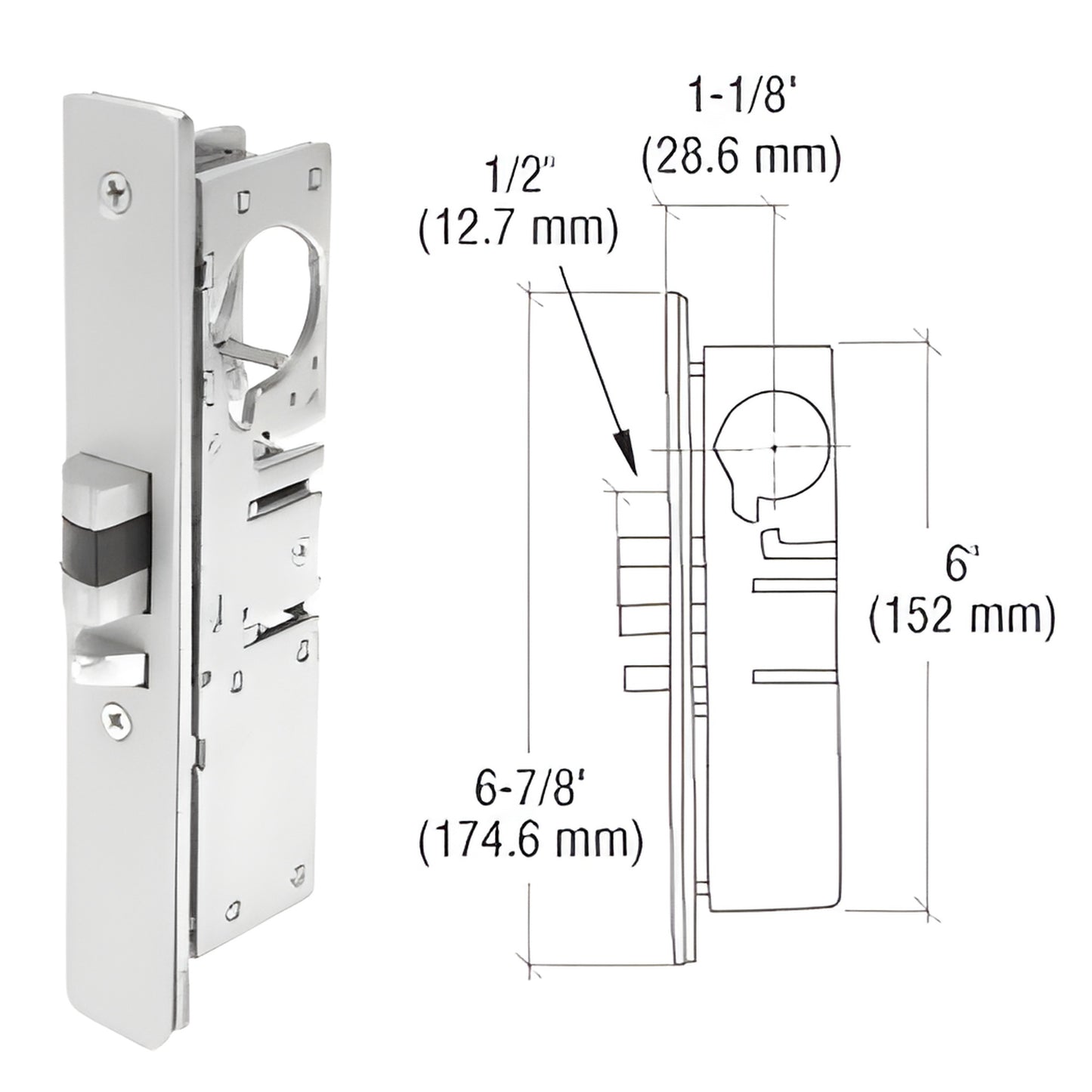 CRL DL2140BLH narrow-stile aluminum door deadlock, steel body, 1/2" throw, 6-7/8" tall, left-hand.