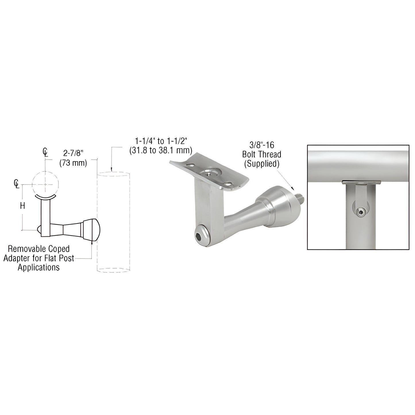 Brushed stainless post-mounted handrail bracket HR2SPBS, adjustable, fits Schedule 40 posts and 1.5-2 in handrail tubing.