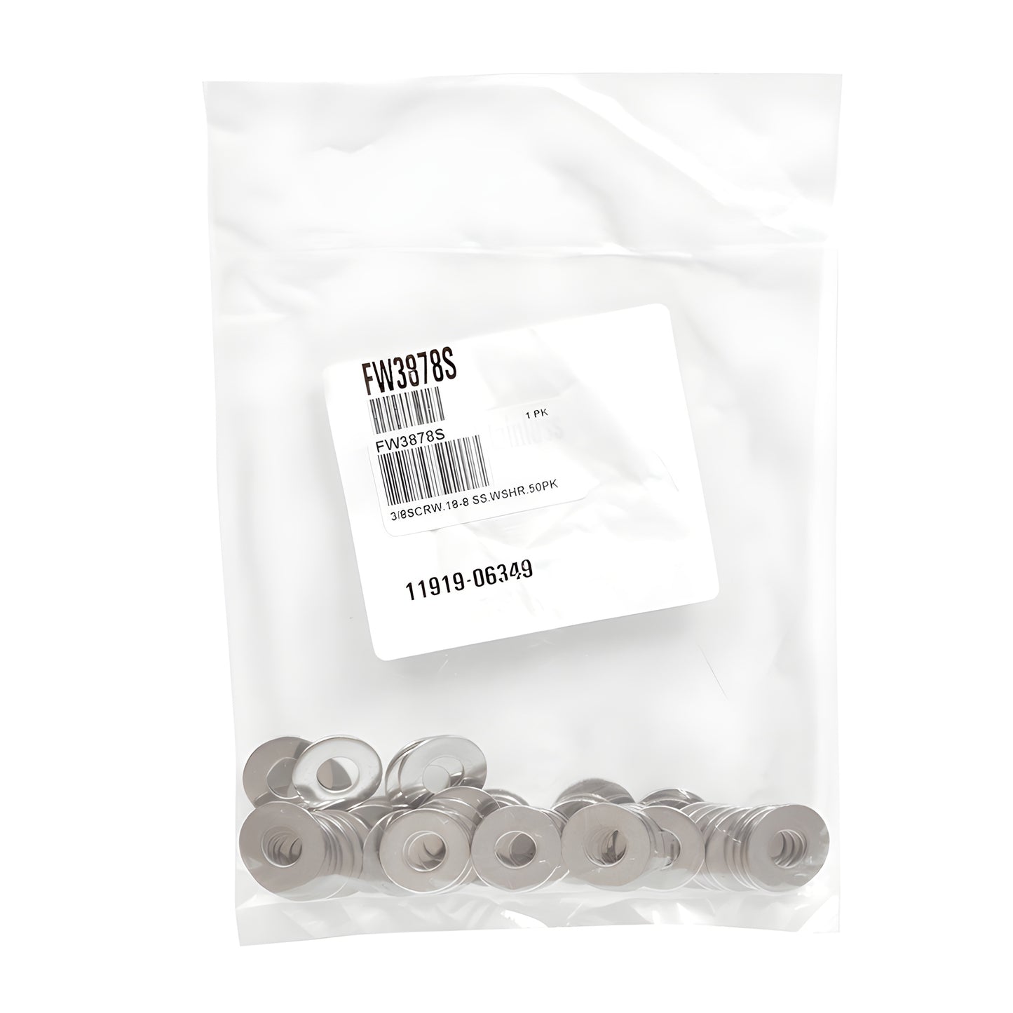 Stainless steel flat washer (FW3878S), round with center hole, fits 0.406" ID standoffs.