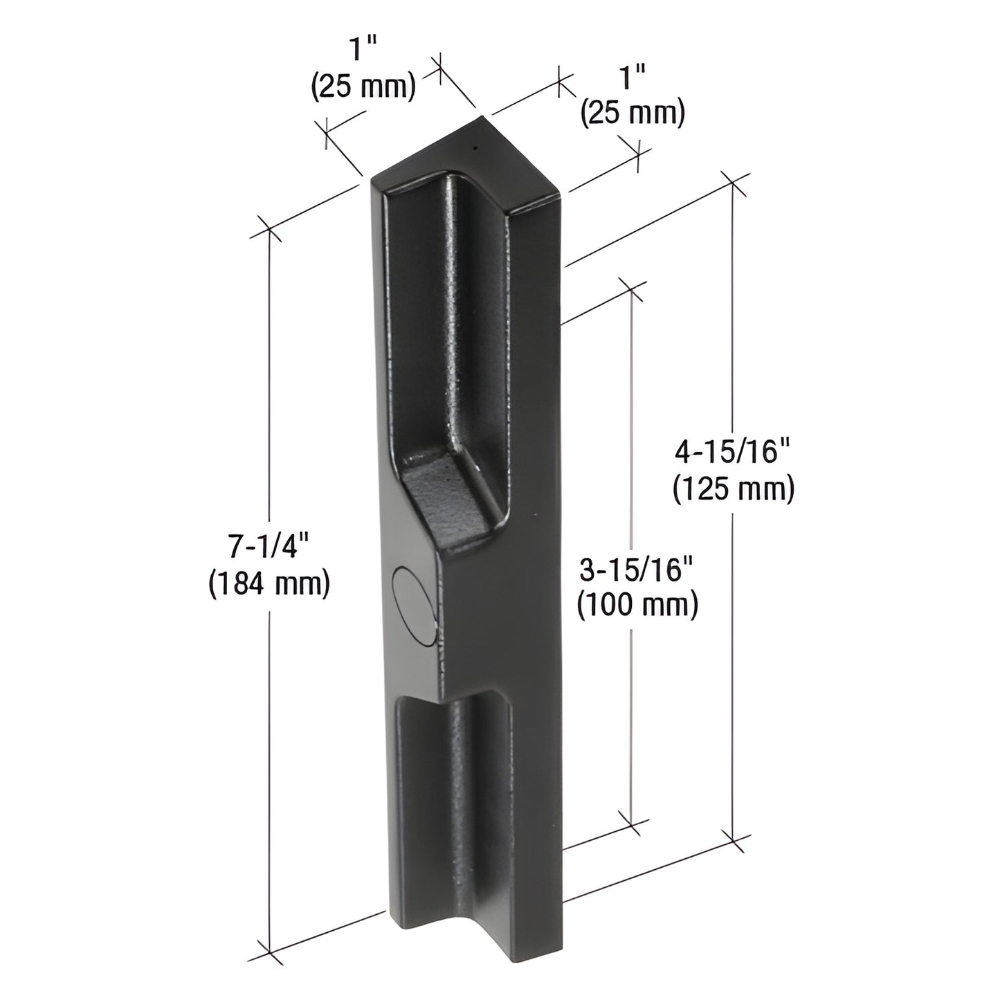 Black plastic outside pull, SKU C1097 - 7-1/4" long, fits 3-15/16" (100mm) and 4-15/16" (125mm) hole spacing.
