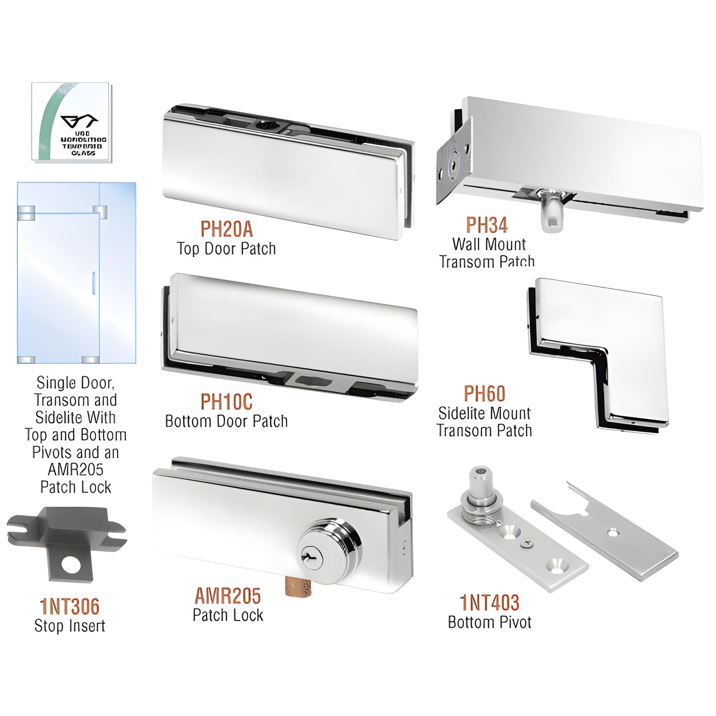 PHA4LPS polished stainless glass door pivot kit with top/bottom patches, transom and sidelite patches, lock, pivot.