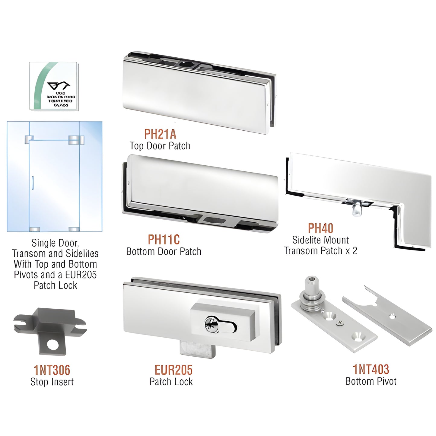 CRL PHE5LPS polished stainless pivot door kit with top/bottom patches, PH40 sidelite/transom patches, pivot and patch lock.