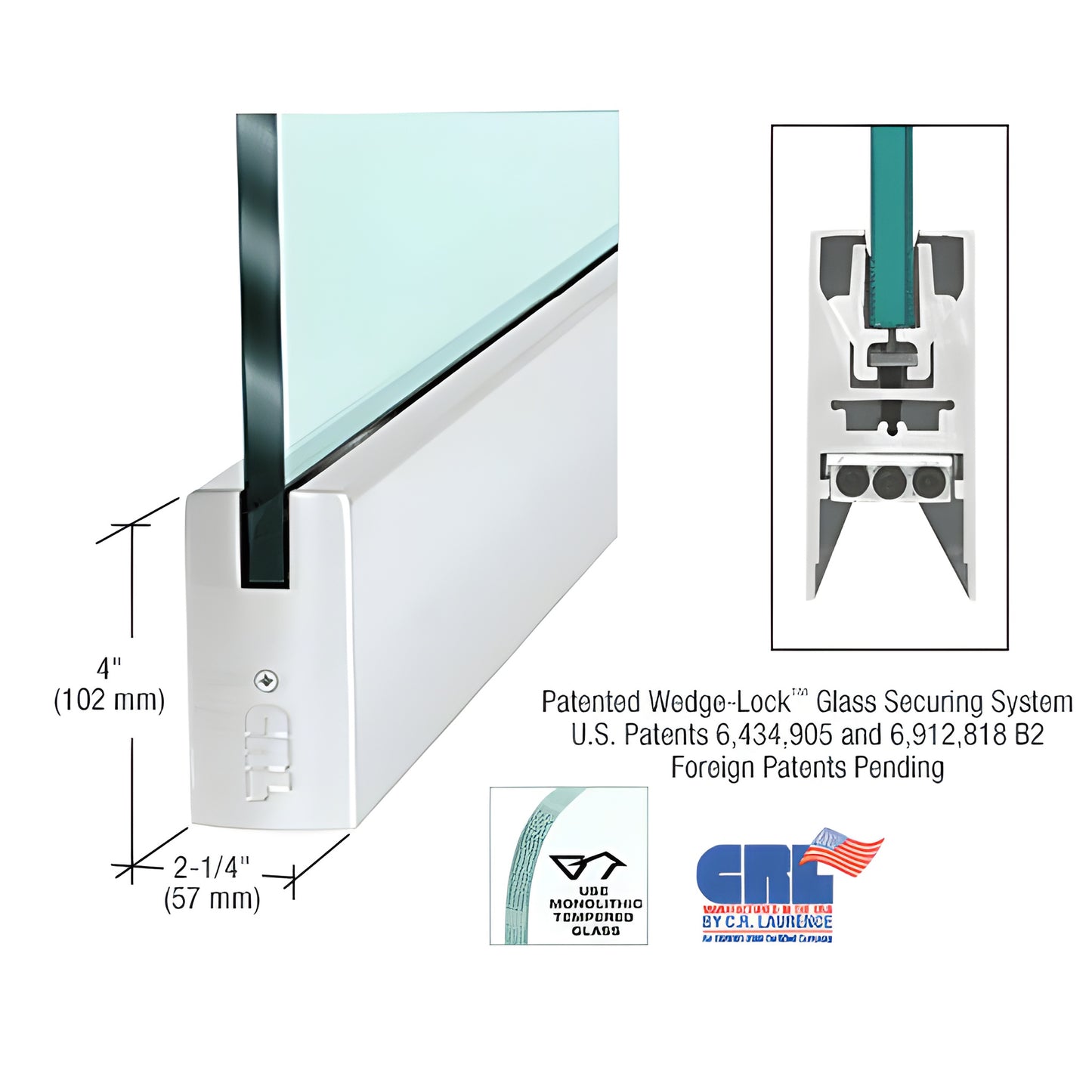 CRL Wedge-Lock 4 in square aluminum door rail, satin anodized, 35-3/4 in for 3/4 in tempered glass SKU DR4SSA34S