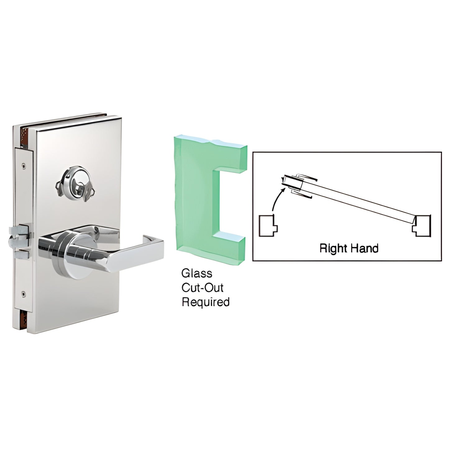 CRL DL610RMPS polished stainless center lock 6"x10" for 1/2" tempered glass, right-hand lever.