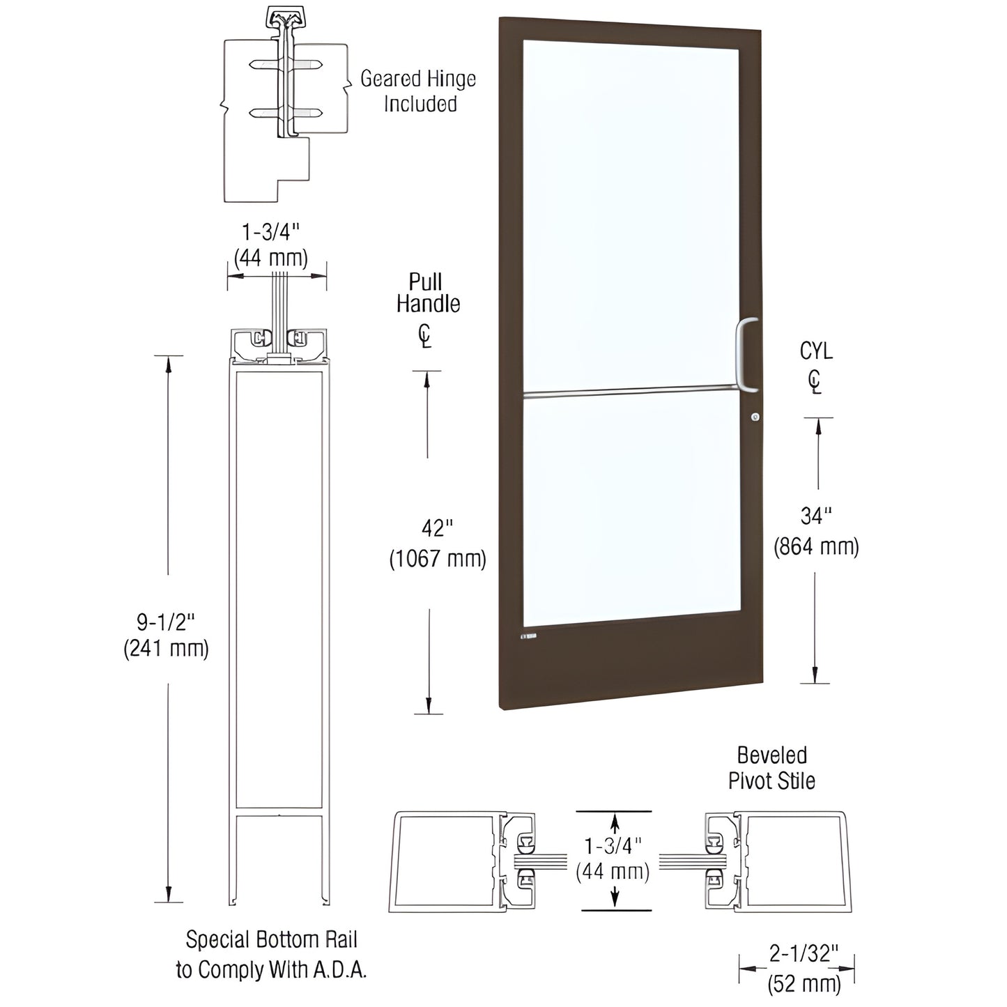 Commercial narrow-stile entrance door DE21822R036, black bronze anodized, ADA 9-1/2" bottom rail, push/pull hardware.