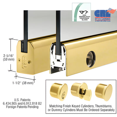 8" Polished Brass Tapered Patch Rail w/ Lock for 1/2" Glass Door