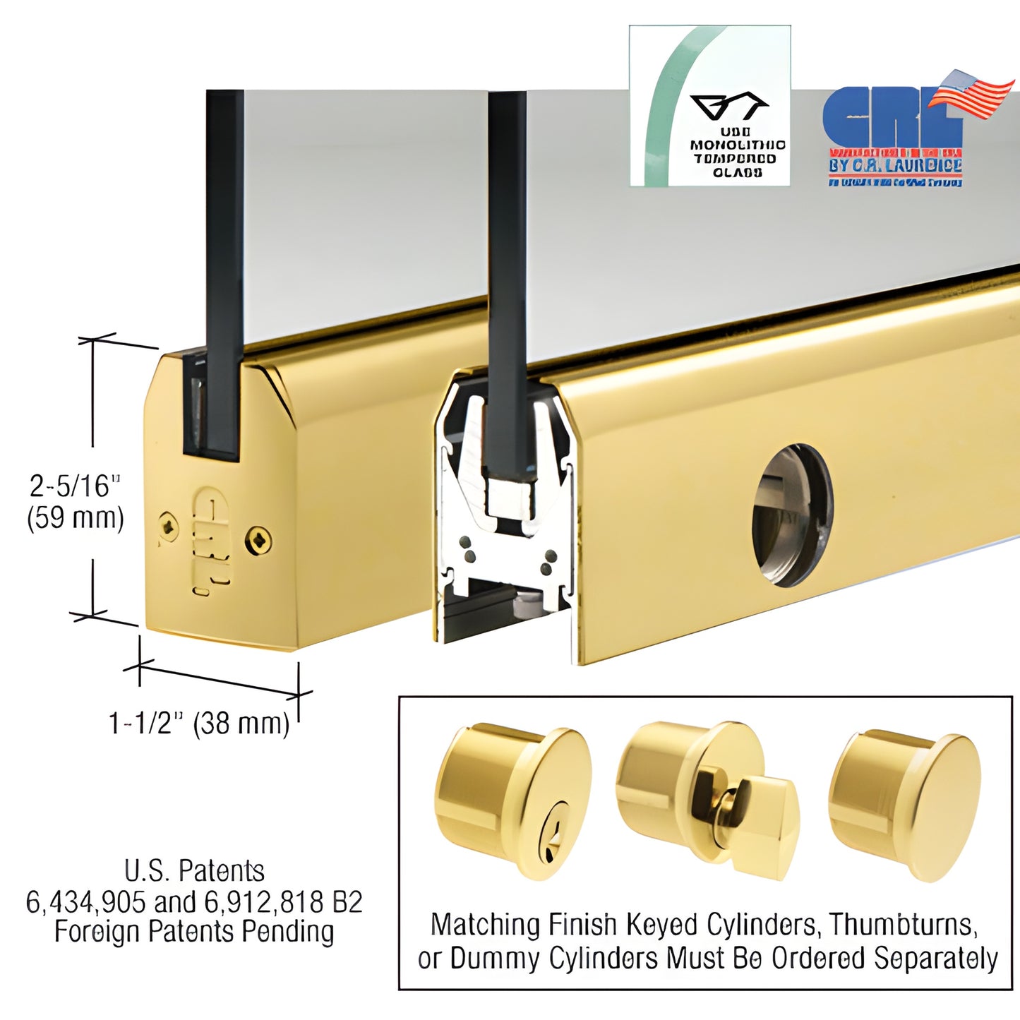 Polished brass low-profile CRL door rail for 3/8" tempered glass, 35-3/4" long, Wedge-Lock system, includes lock, SKU DR2TPB3