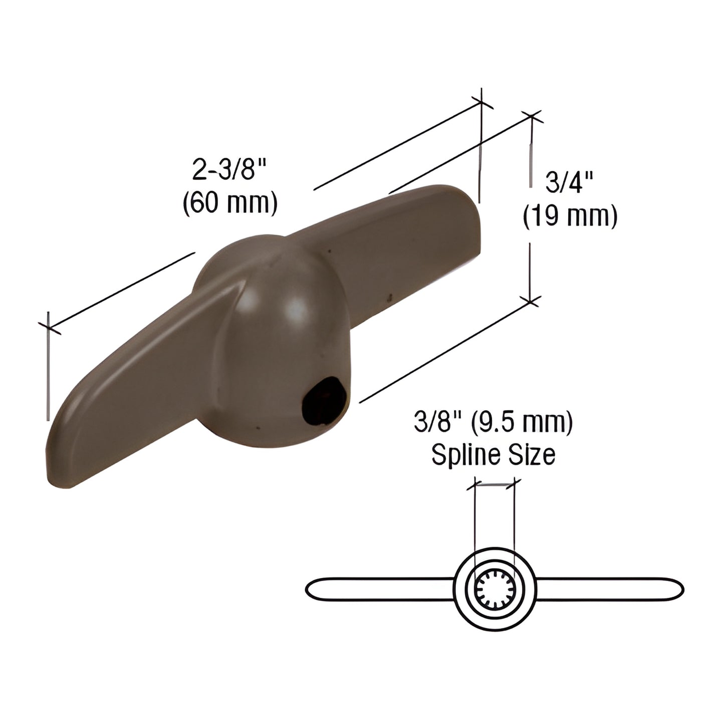Bronze diecast T-crank window handle (SKU H3625), 2-3/8" long, 3/4" high, 3/8" spline - pair.