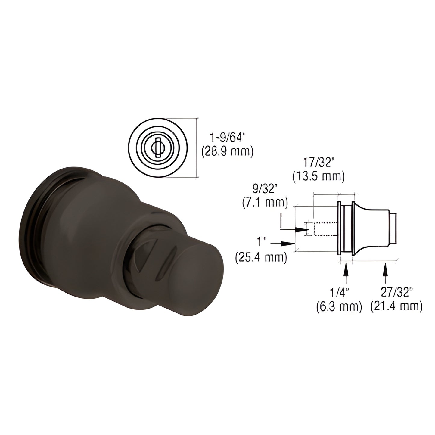 Dark bronze anodized aluminum glass cabinet lock/knob (SKU LK49DU) for 1/4" (6mm) bypass doors, requires 1" hole.