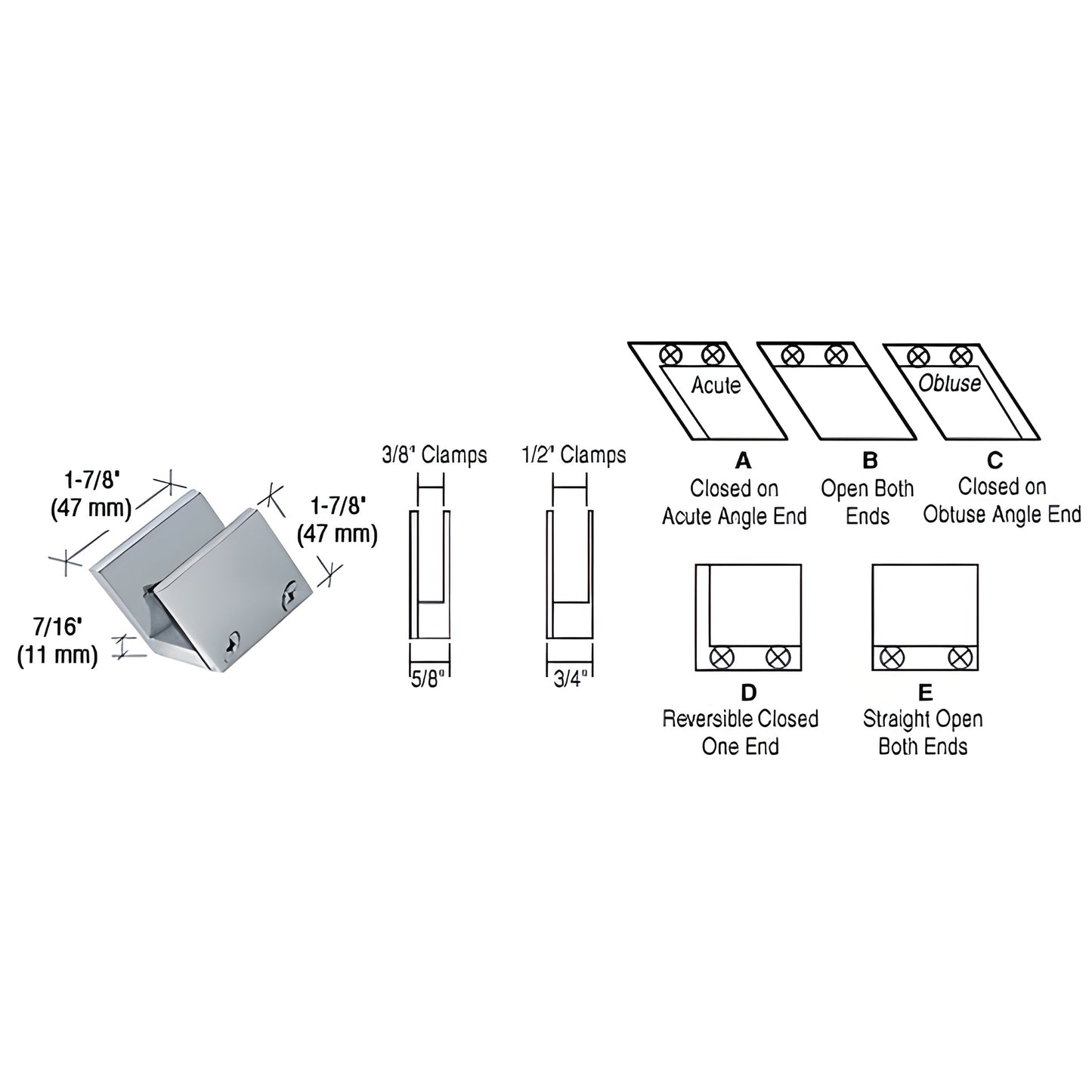 RH4412CH chrome solid-brass glass clamp for 1/2" (12 mm) tempered glass - reversible 52 slanted open-center, predrilled.