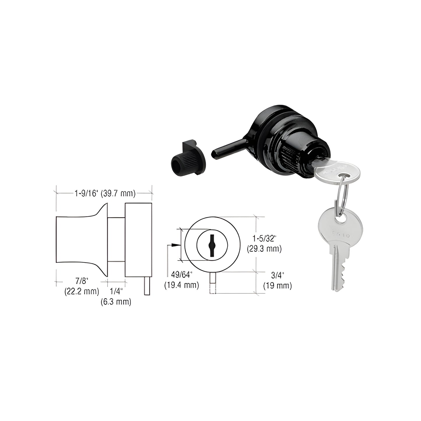 Black chrome thru-glass plunger lock with keys and drilling diagram, fits 3/16 -1/4 glass - SKU 0910BCKA