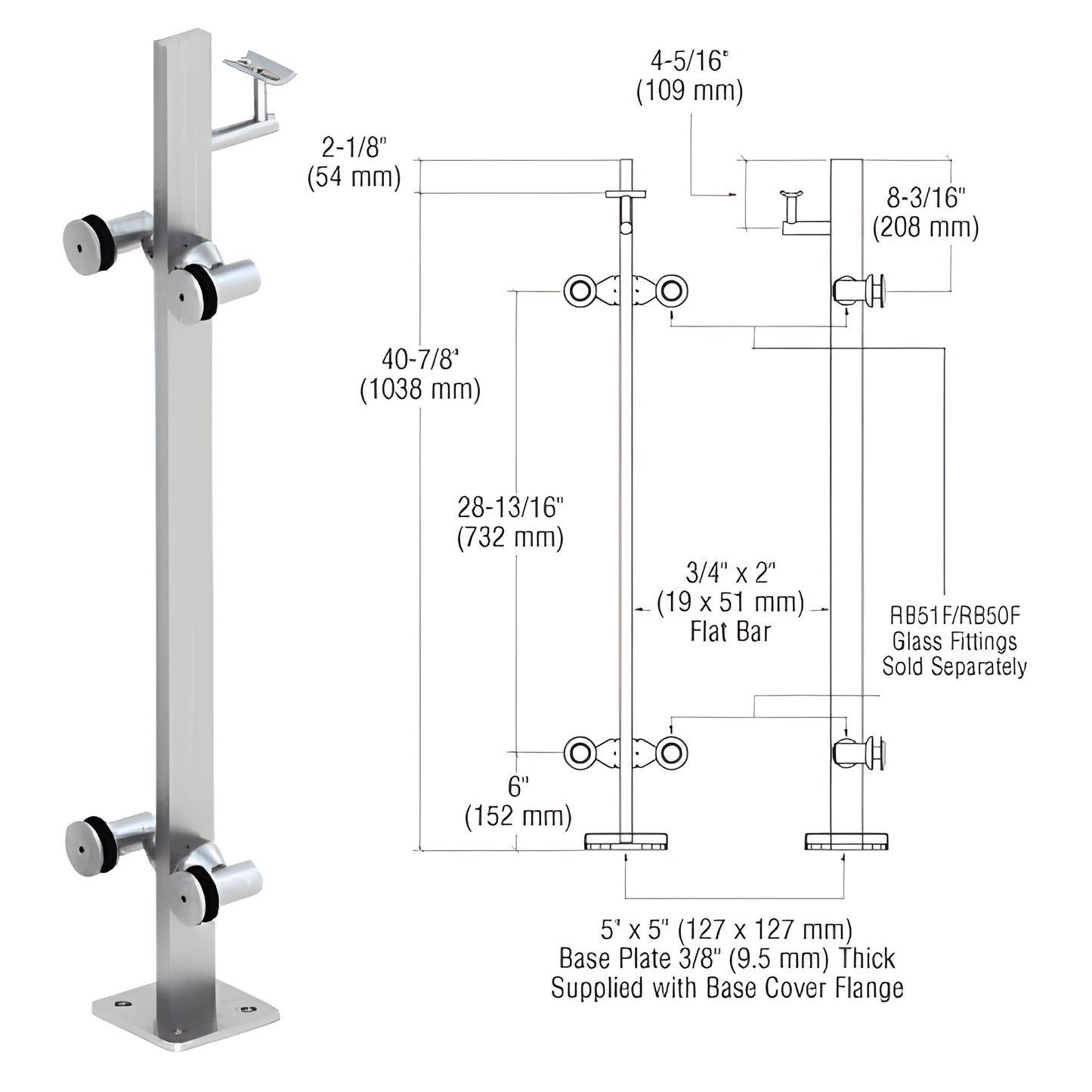 P342CBS stainless steel surface-mounted glass railing post with 5"x5" base plate; glass fittings sold separately