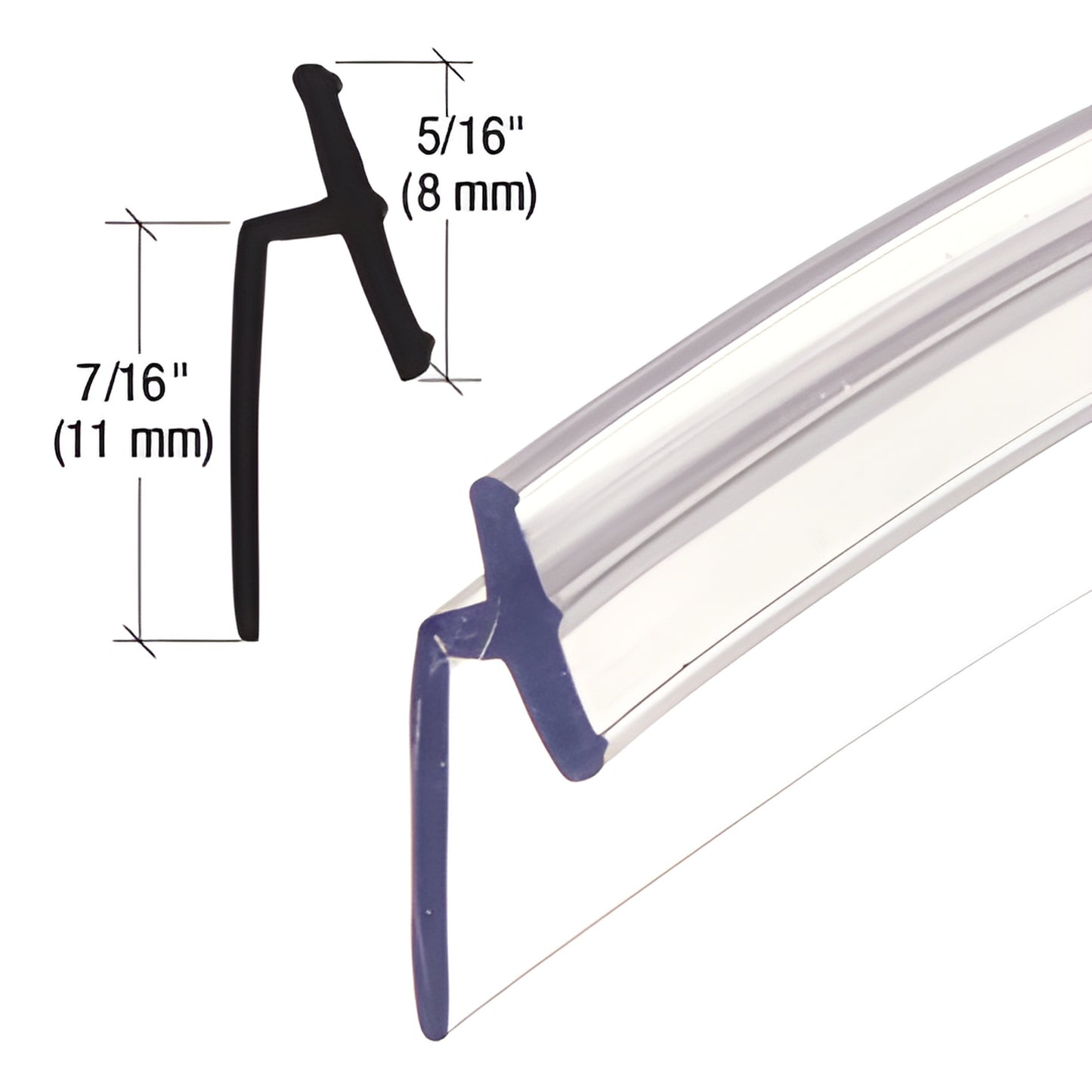 V600CSGFT clear PVC T seal for shower doors on tempered glass, profile approx 7/16" x 5/16".