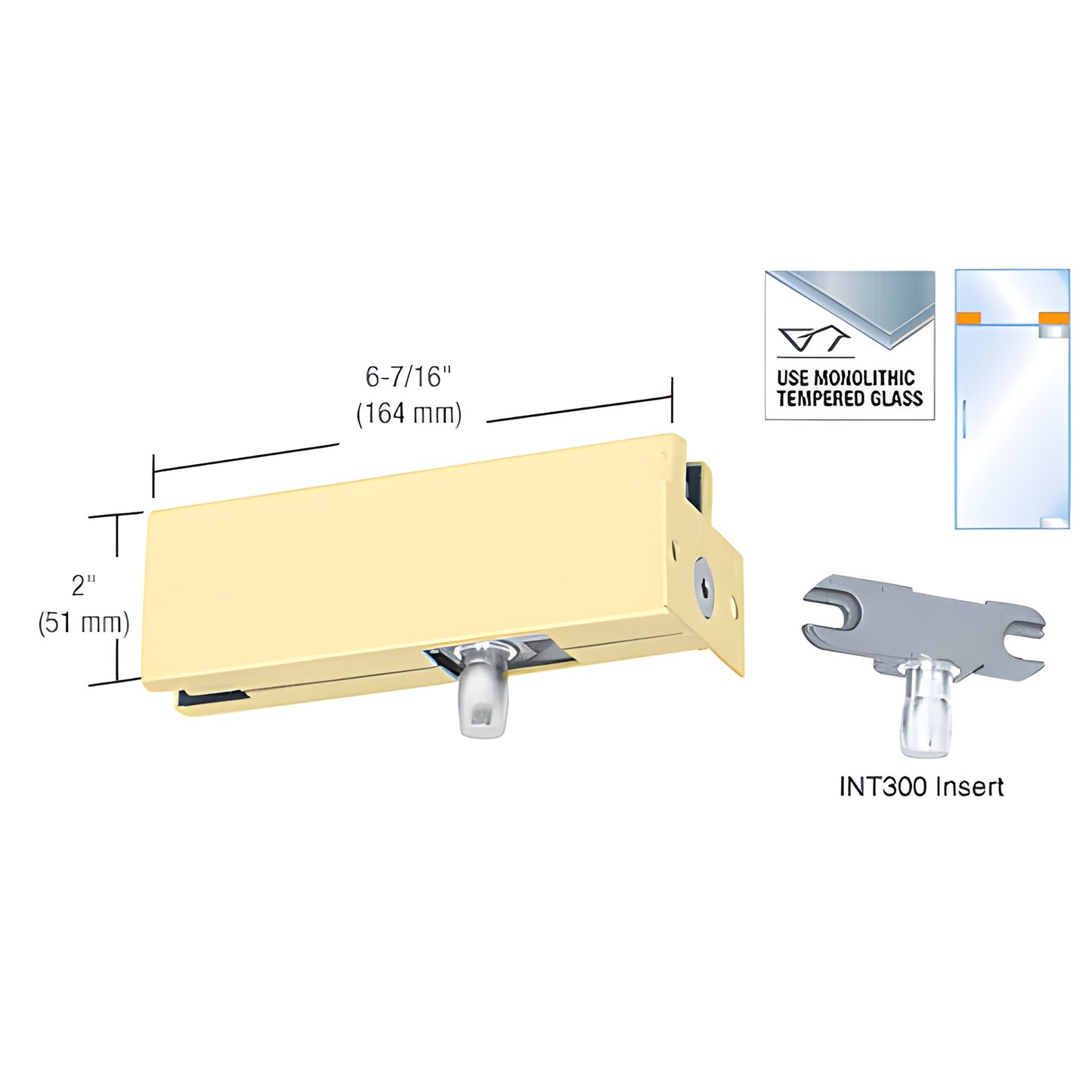PH34SB satin brass wall-mounted transom patch for frameless glass doors with INT300 insert, 6-7/16" x 2"