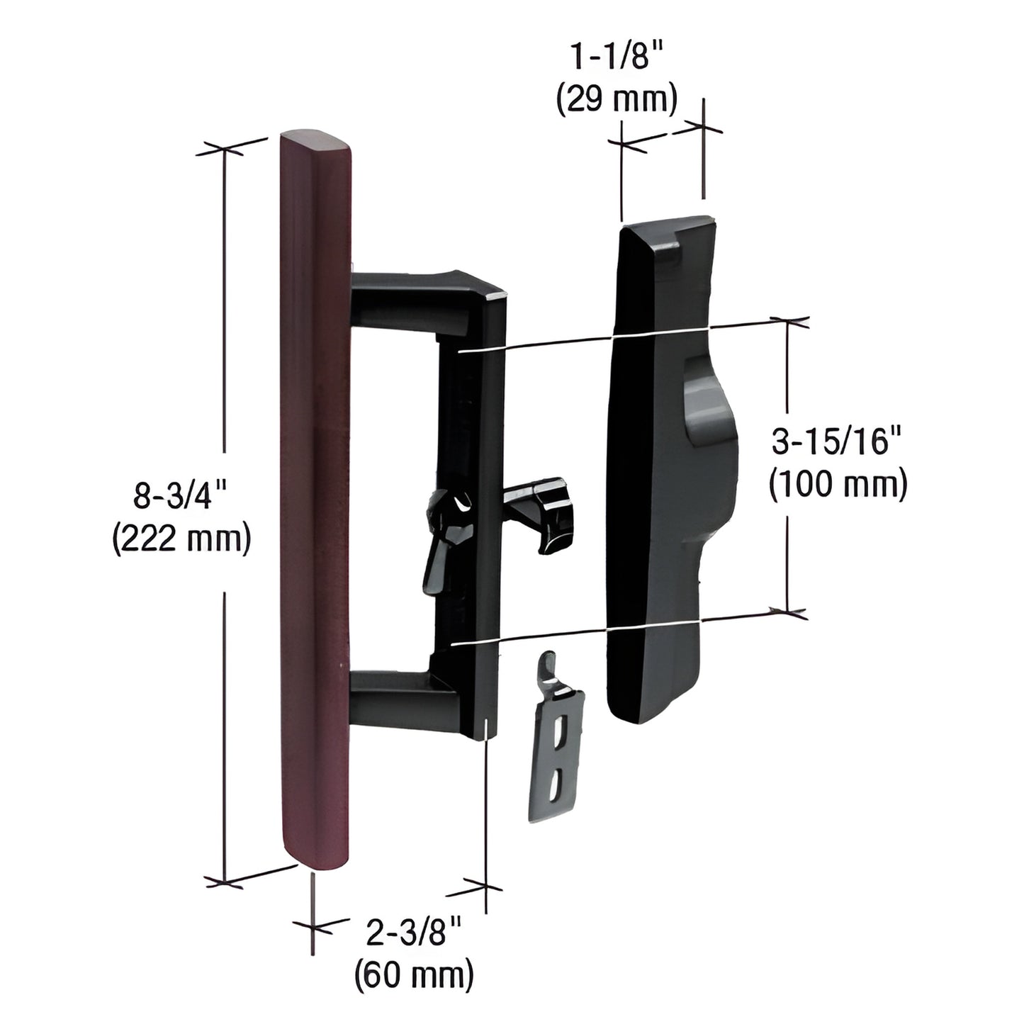 CRL C1107 internal sliding door lock handle, black aluminum housing with wood pull - reversible set, dimensions shown