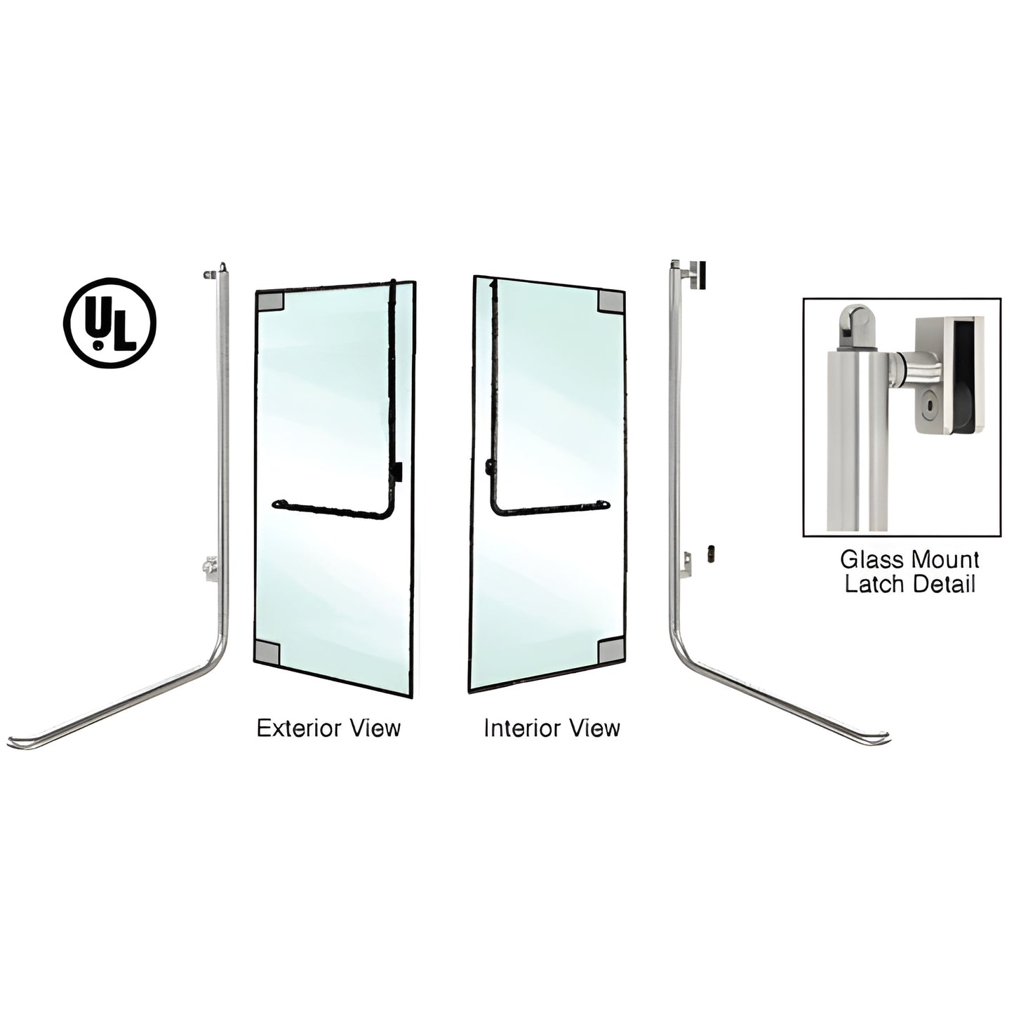 PA100D4GKBS brushed stainless panic handle for 1/2" (12mm) tempered glass doors, 1-1/4" tube, left-hand reverse, exterior acc