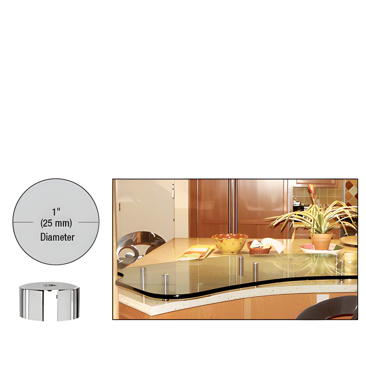 Polished 316 stainless steel 1" diameter standoff (SKU S0B1012PS) for glass and panel mounting.