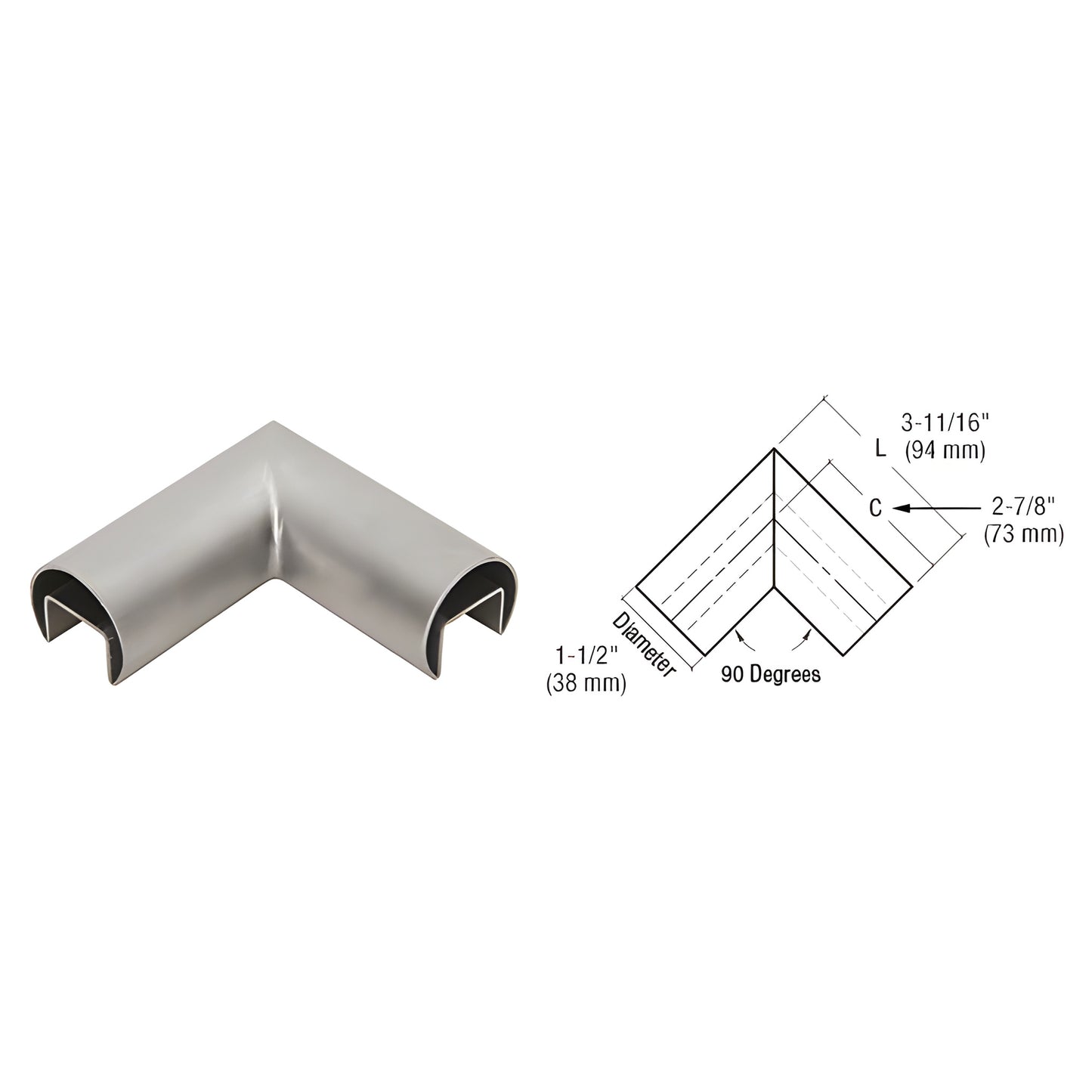 GRRF15HBS: Brushed stainless 316 90 interior slip-fit horizontal cap-rail corner, welded, for 1-1/2" rail.