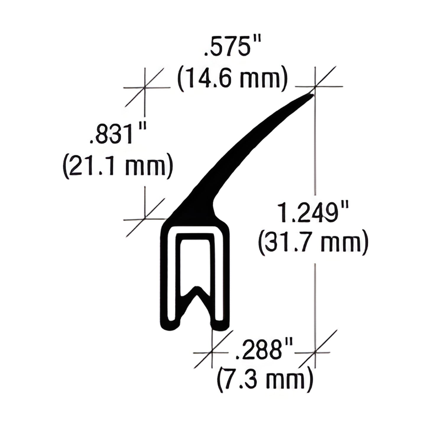 Black push-on trim seal profile with sponge seal and segmented core, dimensions: 1.249" H .575" W .288" base
