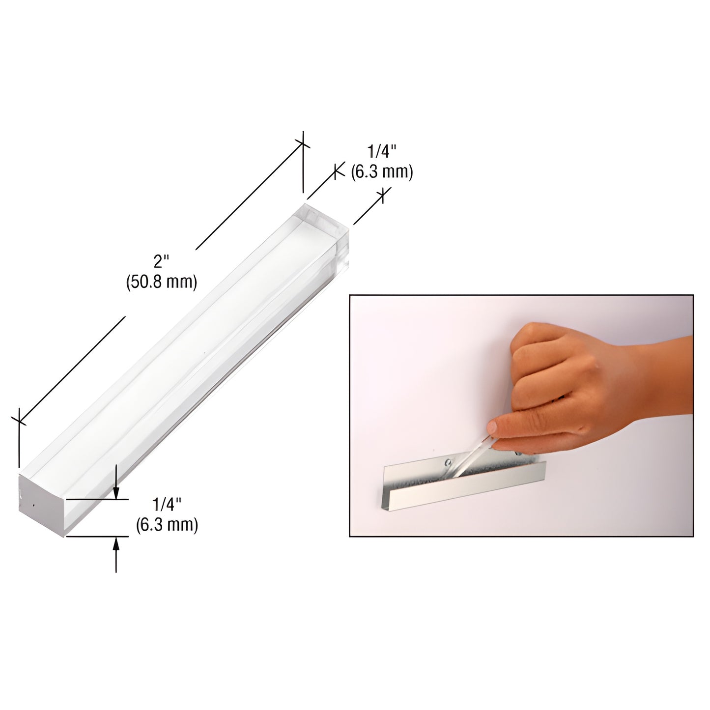 PSB250 clear 2" x 1/4" plastic setting block for frameless glass or mirror, shown with placement in a J channel/h-bar track.