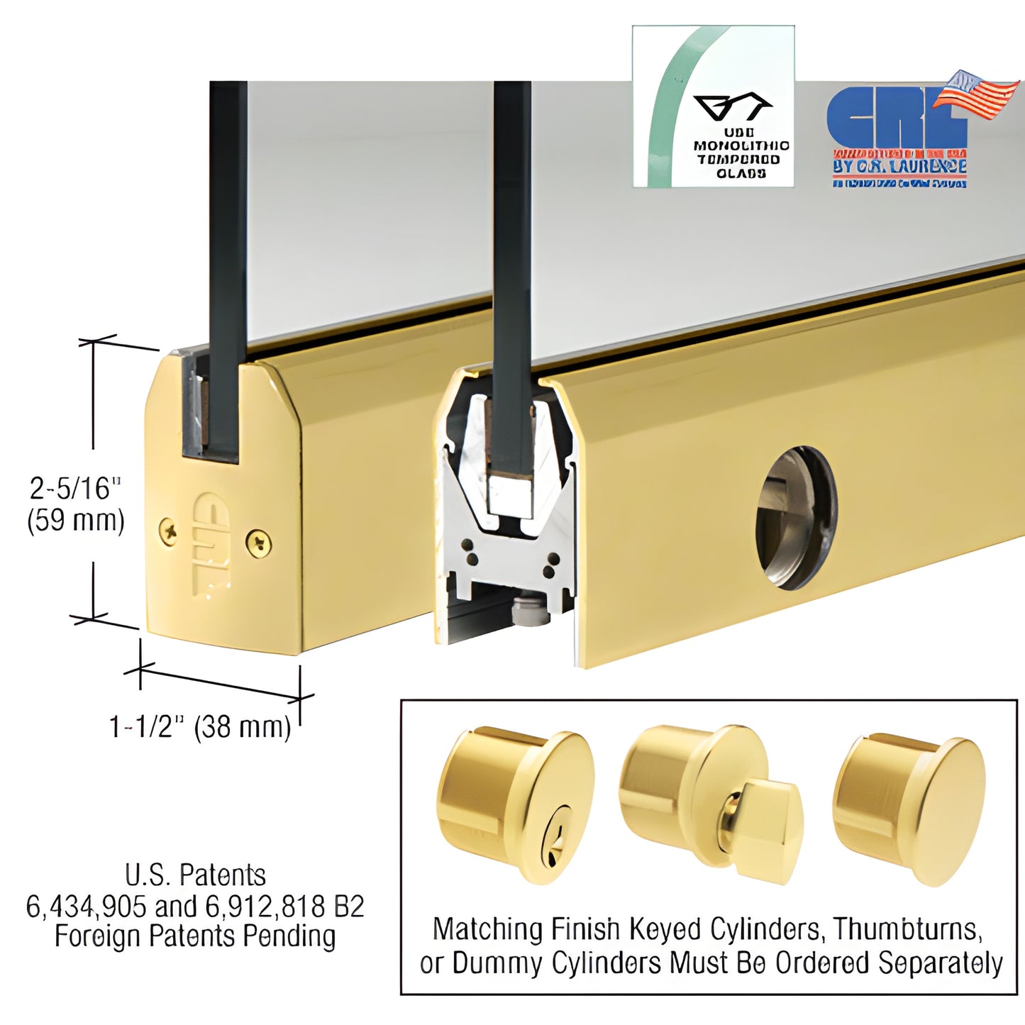 Satin brass low-profile door rail (2-5/16" x 1-1/2") for 3/8" tempered glass, Wedge Lock system, includes lock. SKU DR2TSB38C