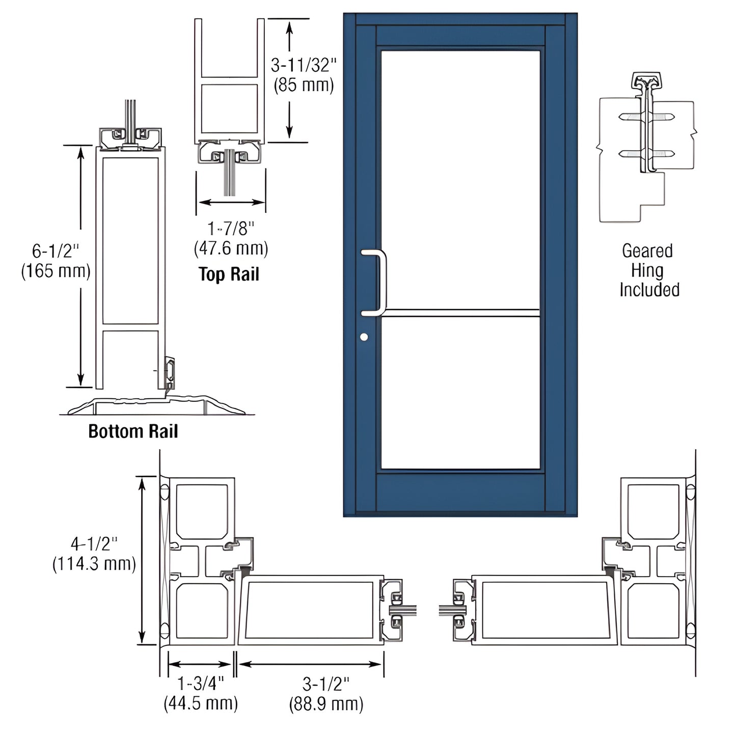 DC81871 Custom Durafront MS commercial door, blue frame with glass panel, 6-1/2" bottom rail; hardware included.