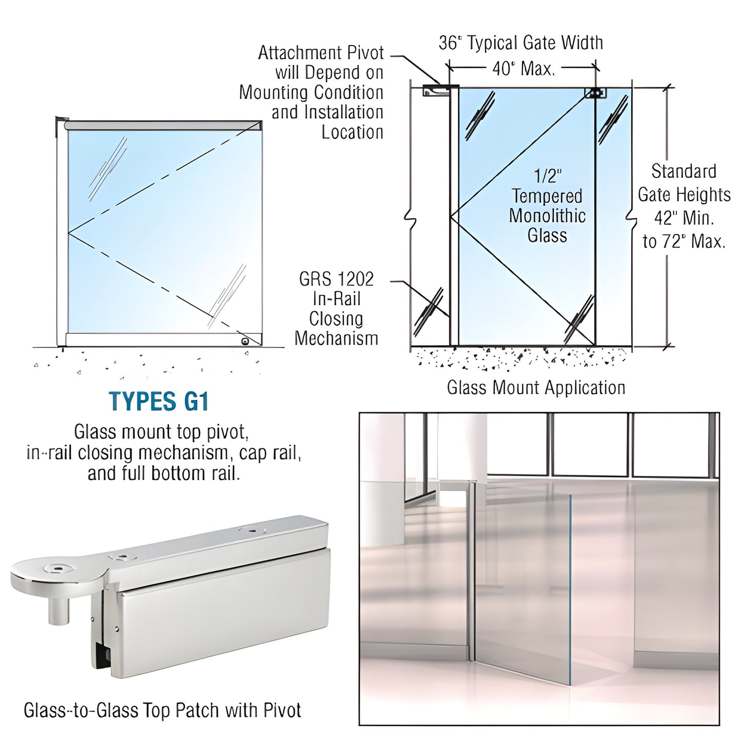 Polished stainless steel GRS 1202G1PSC swinging glass gate hardware with in-rail closer, fits 3/8-1/2" glass up to 40x72 in
