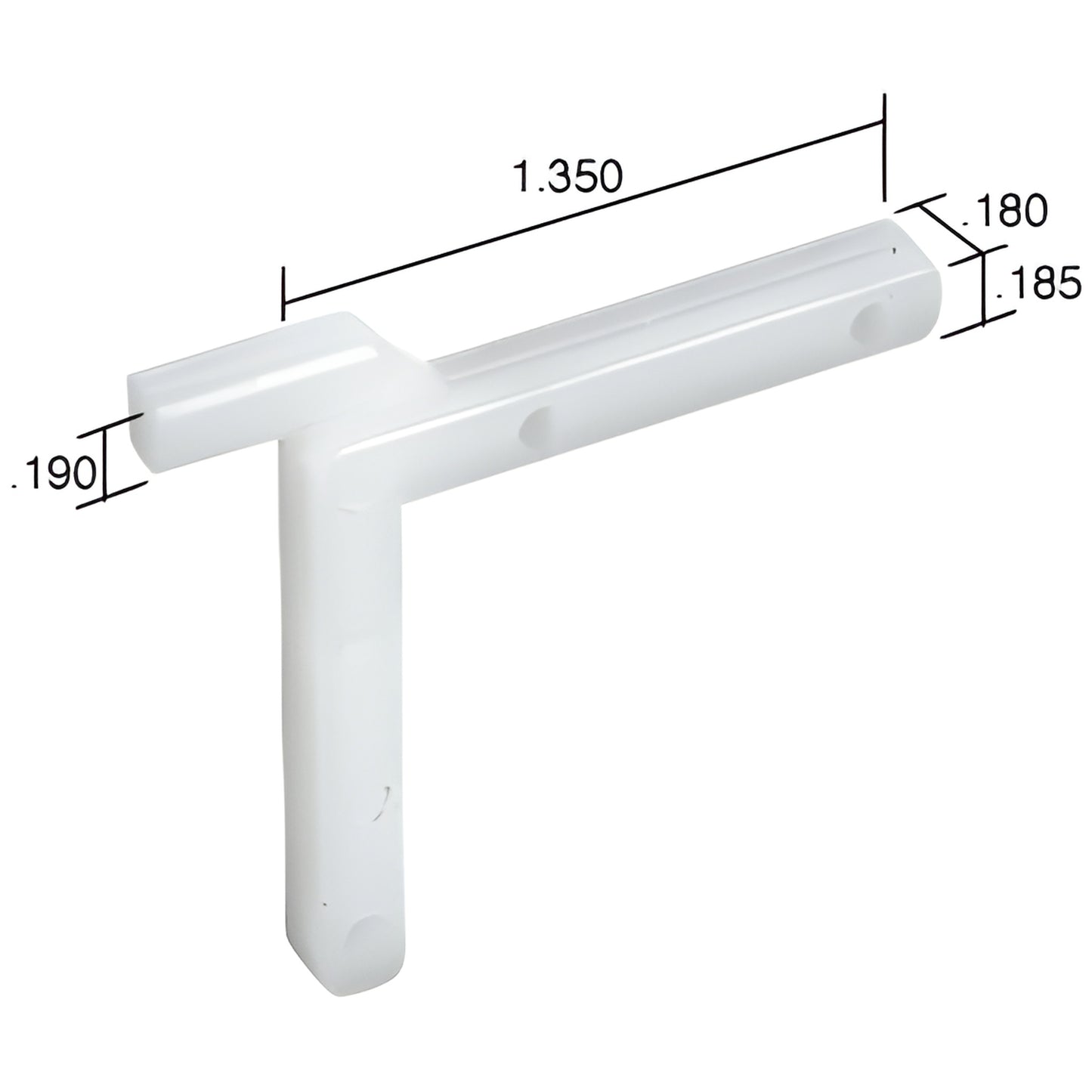 White molded nylon T-shaped storm window swivel key (SKU SK100B) with 1.350 in leg, projecting guide pin and mounting holes.