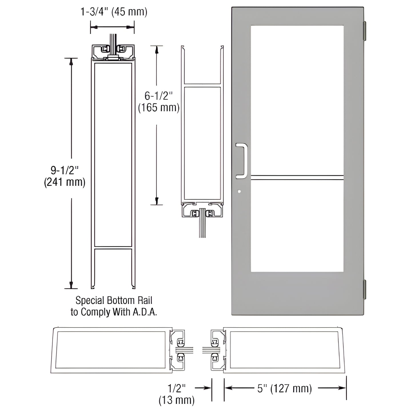DE51411 clear anodized wide-stile commercial entrance door with 5" stiles, 9.5" ADA bottom rail, fits 1/4" glass