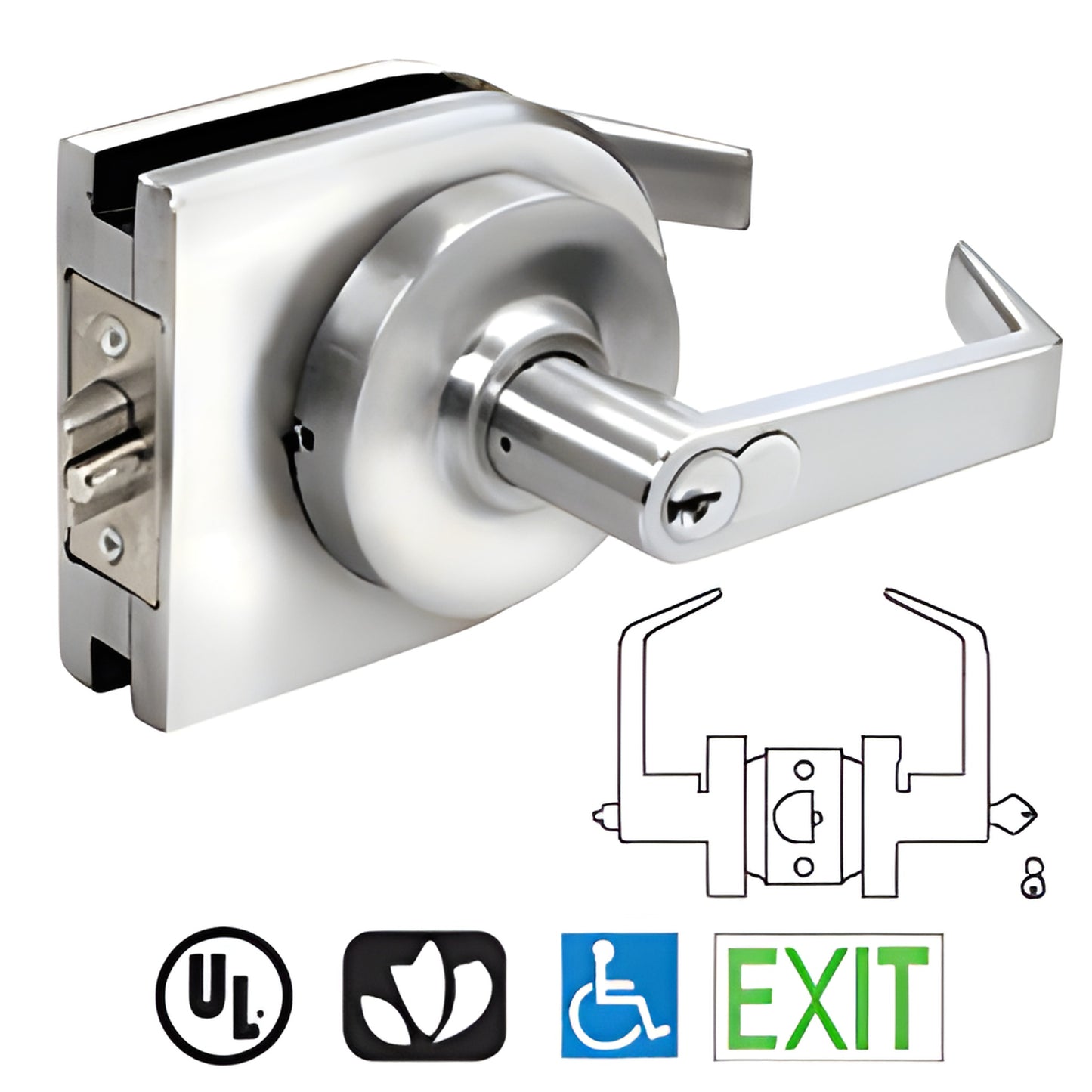 LH57PS polished stainless steel round cover lever lock housing for 3/8-1/2" glass doors, ADA and UL compliant