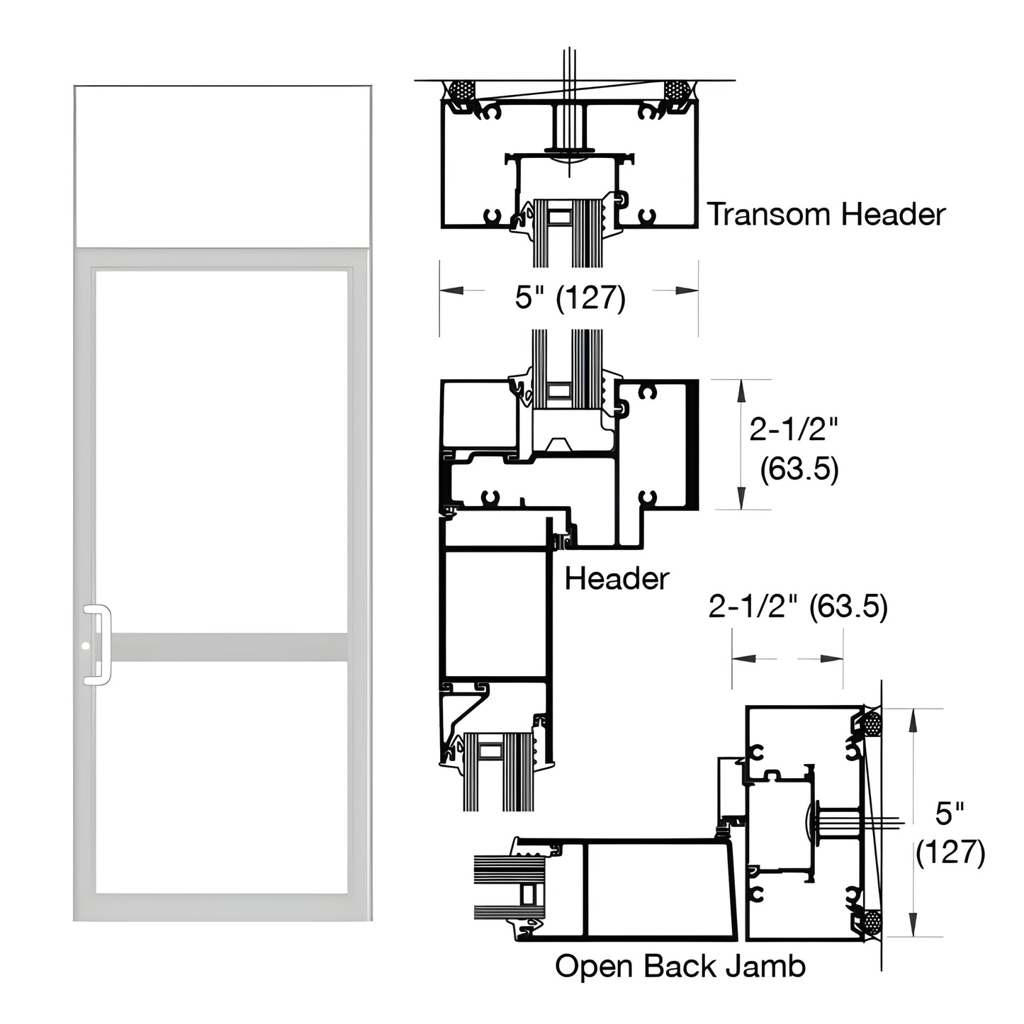 Clear anodized impact transom door frame with air threshold, 2-1/2" x 5" profile, SKU 0P91511