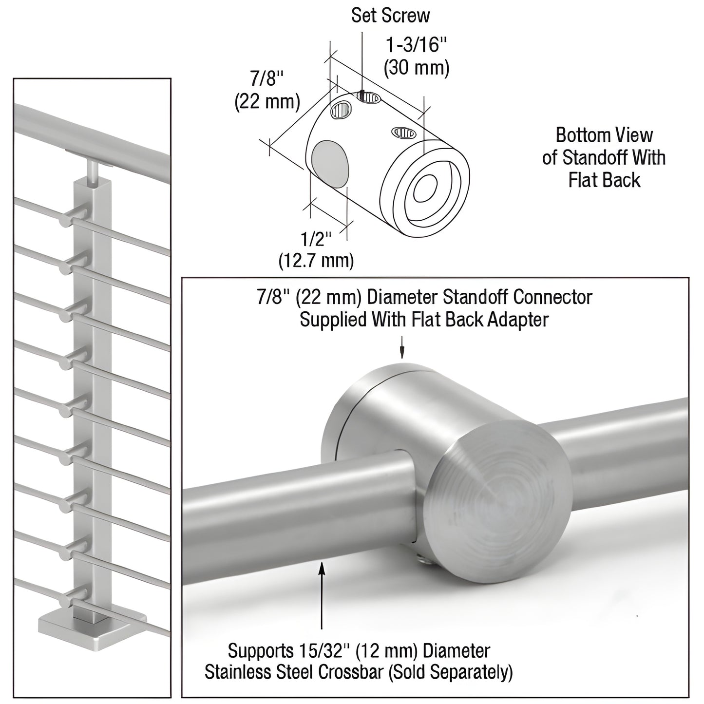 CBR8BS brushed 316 stainless flat-back standoff connector, 7/8" diameter, slip-fit surface mount for 12mm crossbar.