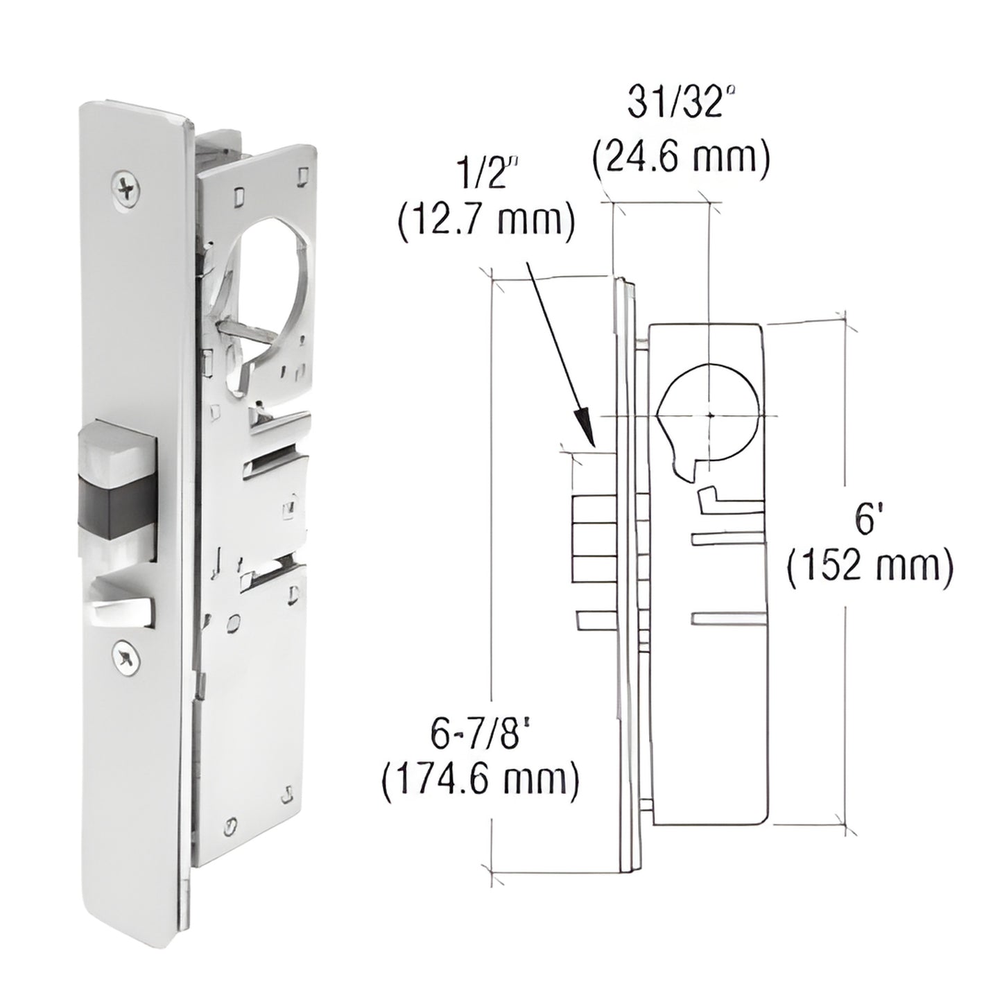 DL2140ALH narrow-stile aluminum deadlock, steel internals, 1/2" throw, selectable 31/32" or 1-1/8" backset, photo+diagram.