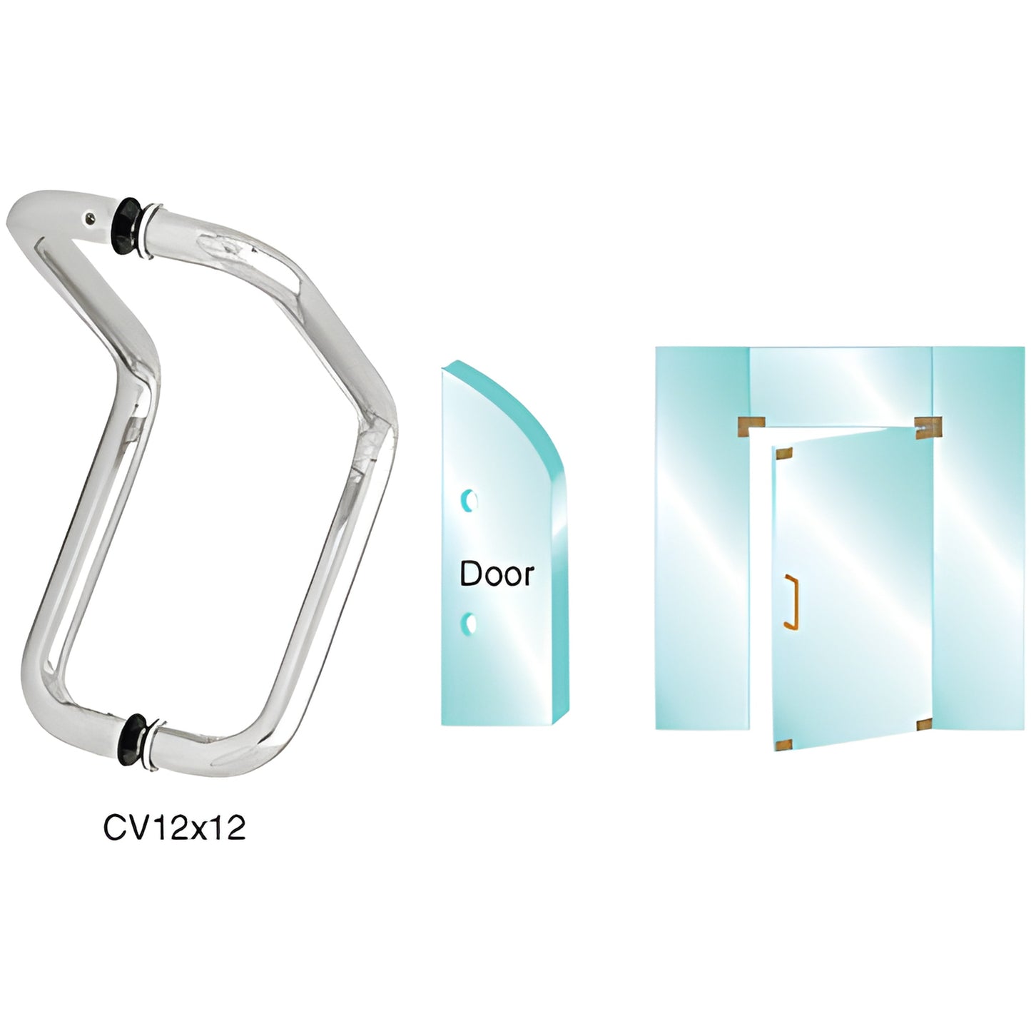 Polished stainless steel back-to-back glass door elbow pull, 12" centers, fits 3/8-3/4" tempered glass. SKU CV12X12PS
