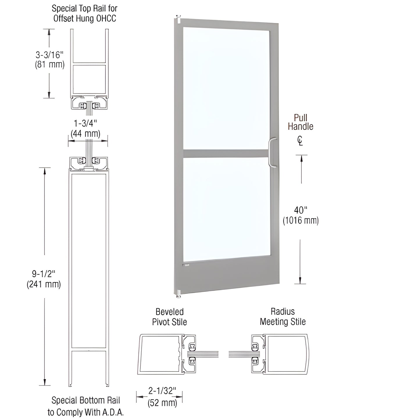 Clear anodized narrow-stile entrance door, ADA 91 2 bottom rail, 2 stiles, pull handle, fits 1/4 tempered glass. SKU CZ22111