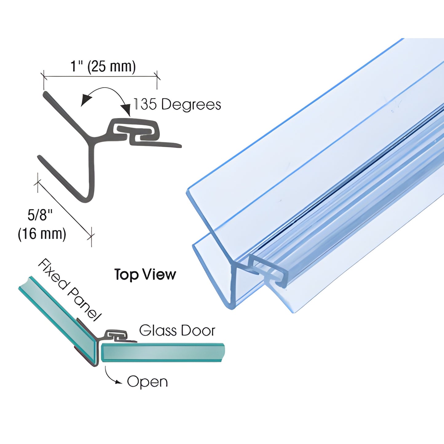 CRL Clear Seal P045SJ - clear polycarbonate 135 neo-angle strike jamb for 8mm glass, snaps onto fixed panel, 95 in length.