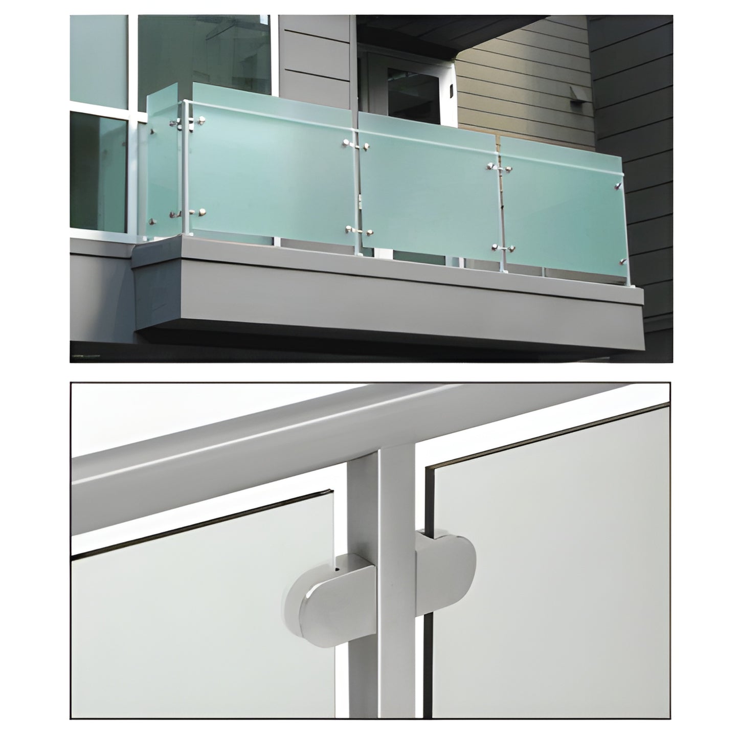 Brushed stainless steel welded post railing (PRS1540BS) with frosted glass panels, surface-mounted balcony system.