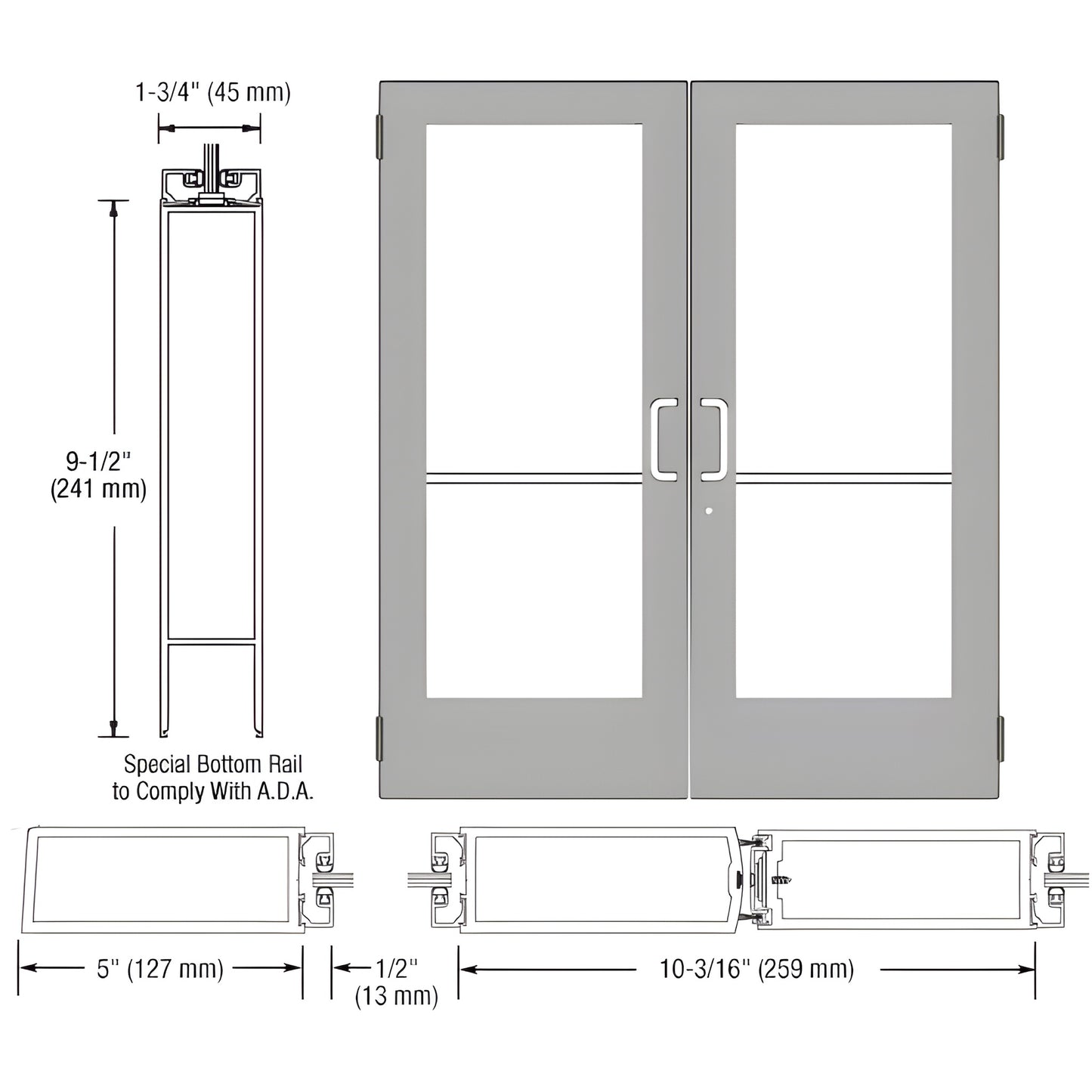 Double commercial aluminum entrance doors (SKU DE52511), clear anodized, wide stiles, 9-1/2" ADA bottom rail, glass panels