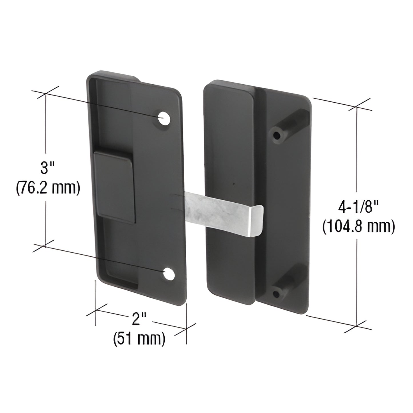 Black CRL mortise steel latch with plastic pull for Columbia Matic doors, non handed, 4 1/8" height (SKU A177)